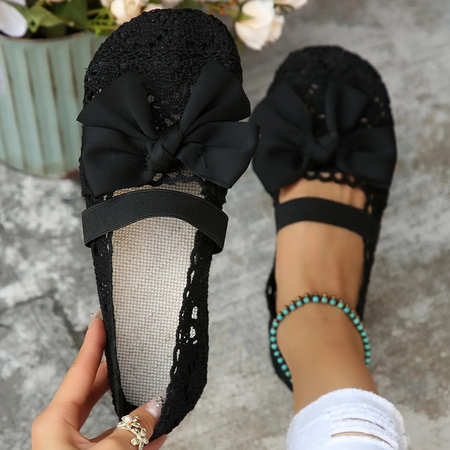 Dressy Platform Sandals Slip on Women's Flat Flower Lace Outer Wear Single Shoes Fashion Thin Sole Light Casual Shoes