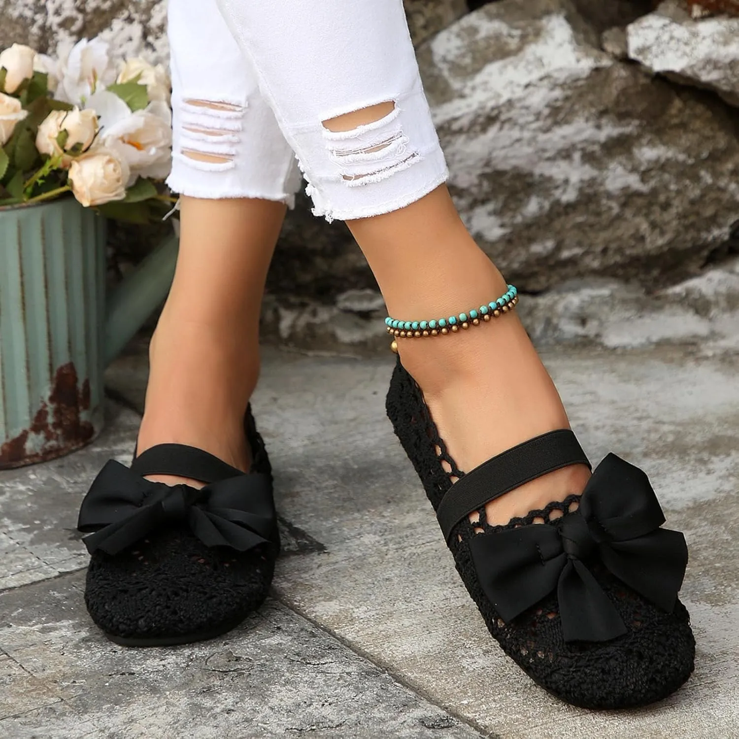 Dressy Platform Sandals Slip on Women's Flat Flower Lace Outer Wear Single Shoes Fashion Thin Sole Light Casual Shoes