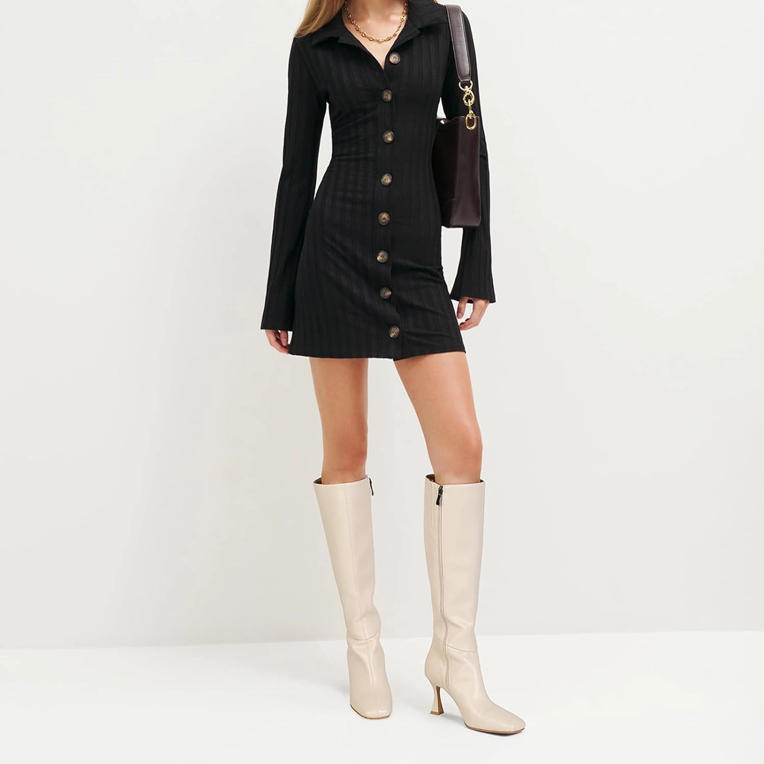 Dsevht Black Leather Knee High Boots for Women Stiletto Kitten Heeled Sexy Boots Square Toe and Side Zipper Design Fashion Dress Boots