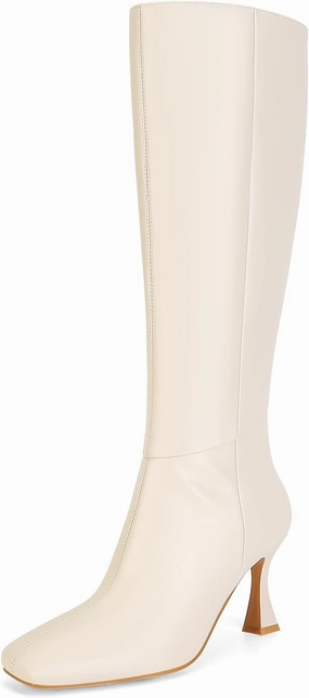 Dsevht Black Leather Knee High Boots for Women Stiletto Kitten Heeled Sexy Boots Square Toe and Side Zipper Design Fashion Dress Boots
