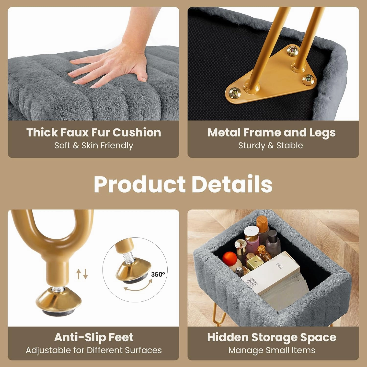 DUMOS Vanity Stool Chair, Ottoman with Storage, Makeup Cute Soft Small Footstool, Modern Style Faux Fur Seat with 4 Metal Legs & Adjustable Feet for Dressing, Living Room, Bedroom, Dorm, Grey