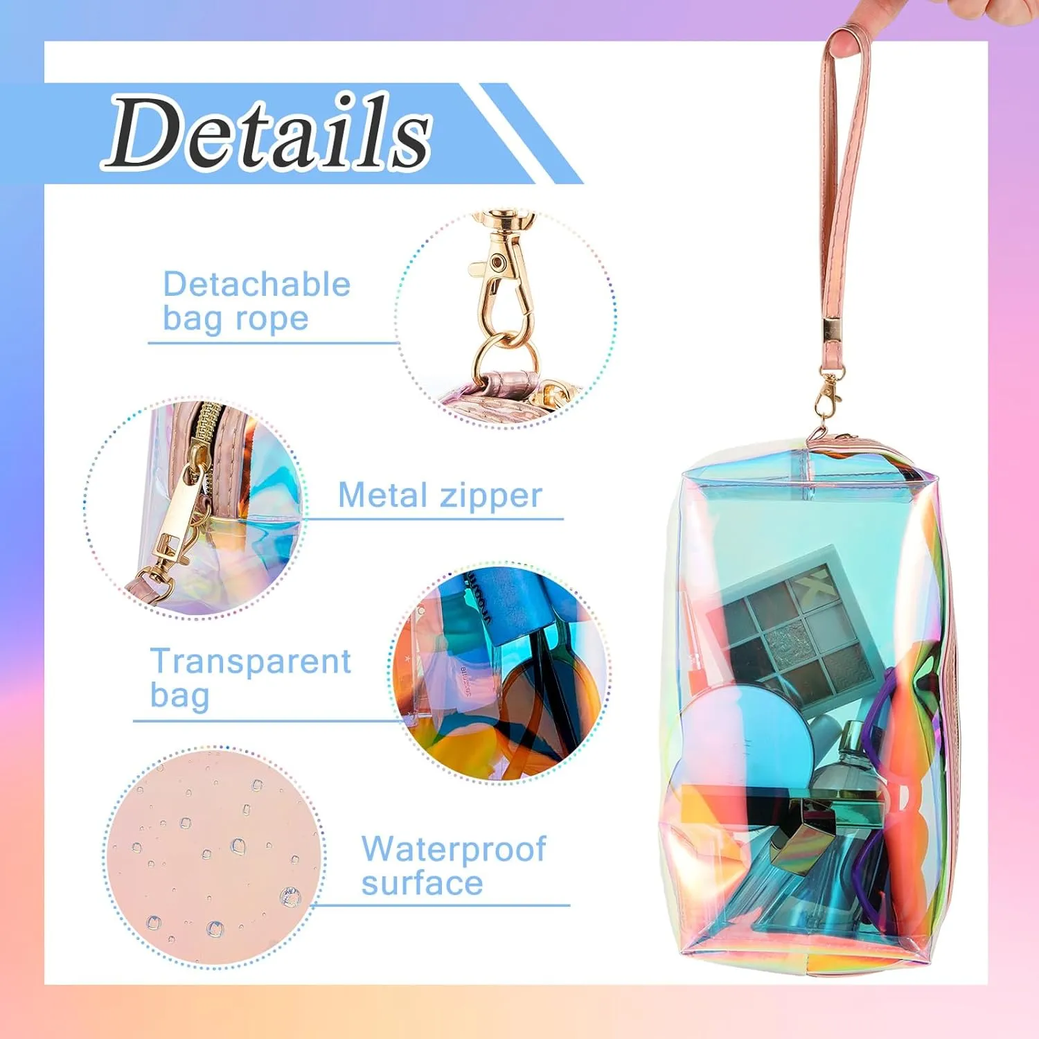 Dunzy 8 Pcs Holographic Clear Makeup Bags with Zipper Travel Cosmetic Bag Iridescent Makeup Pouches with Wrist Loop Waterproof Toiletry Organizer Case Home Office Purse Diaper Bag Vacation Gift (L)