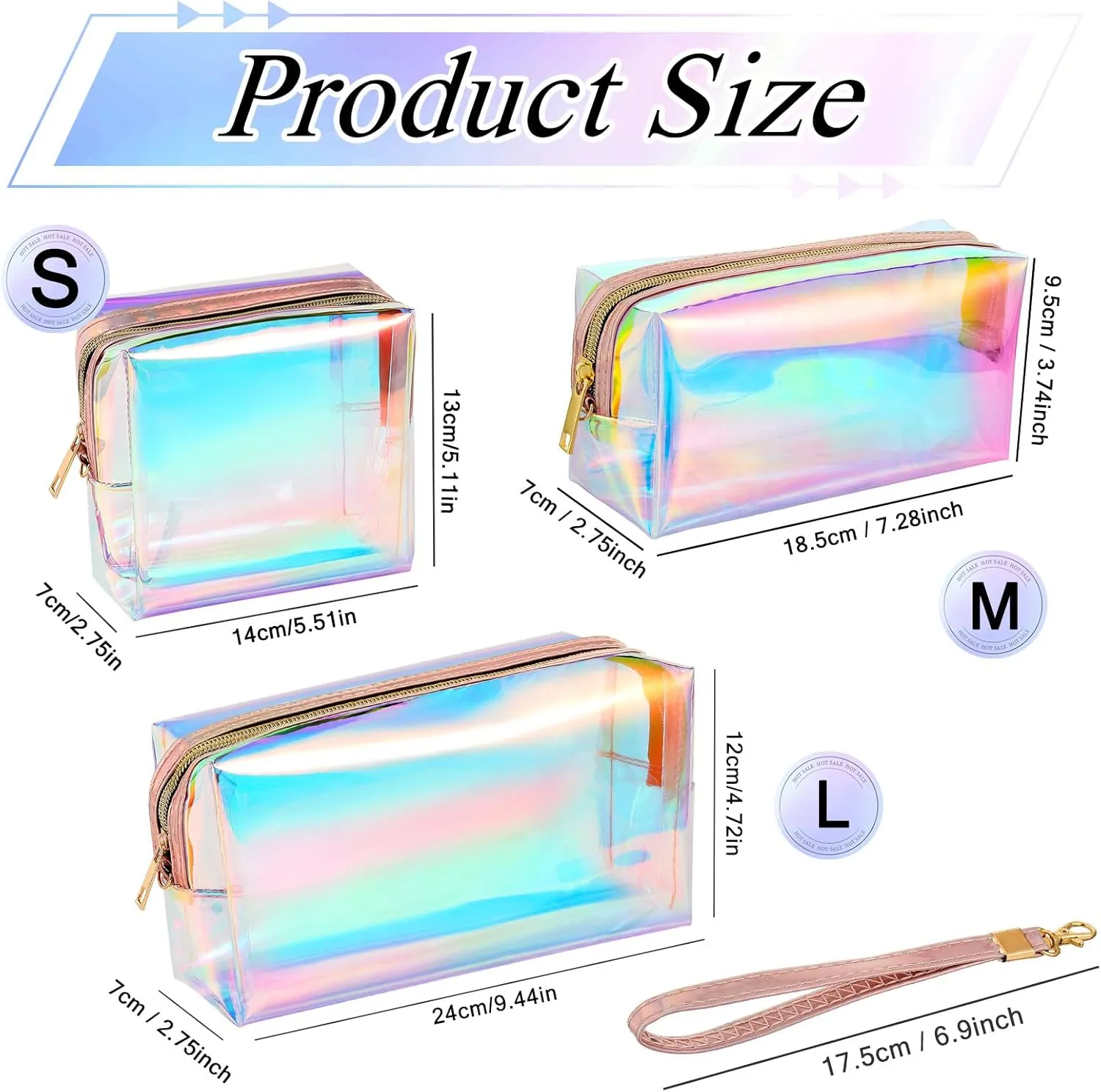 Dunzy 8 Pcs Holographic Clear Makeup Bags with Zipper Travel Cosmetic Bag Iridescent Makeup Pouches with Wrist Loop Waterproof Toiletry Organizer Case Home Office Purse Diaper Bag Vacation Gift (L)