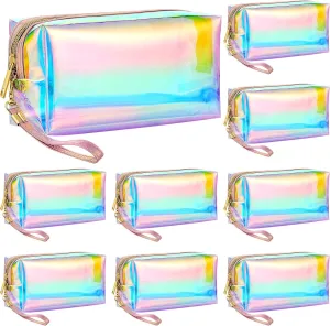 Dunzy 8 Pcs Holographic Clear Makeup Bags with Zipper Travel Cosmetic Bag Iridescent Makeup Pouches with Wrist Loop Waterproof Toiletry Organizer Case Home Office Purse Diaper Bag Vacation Gift (L)