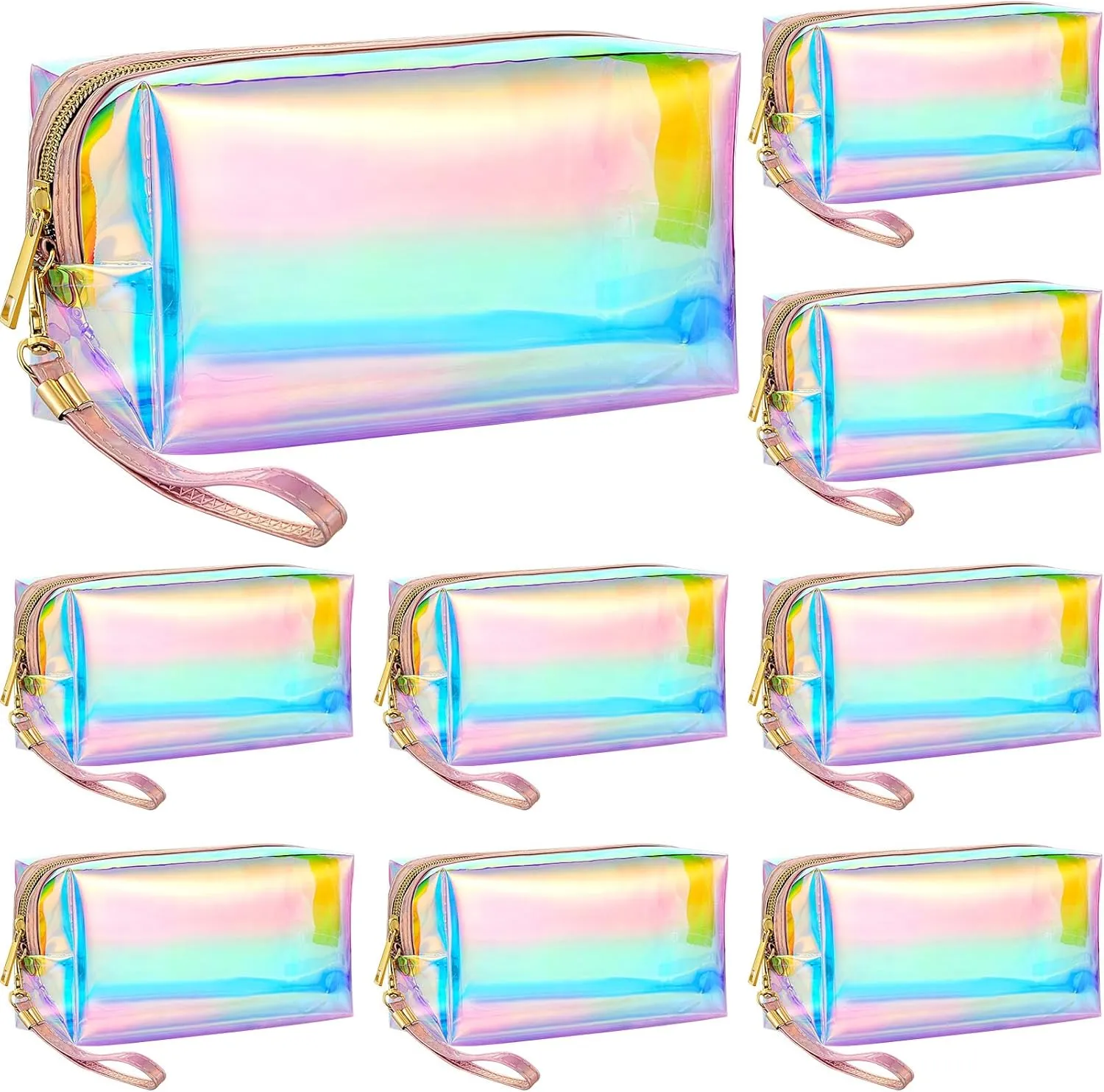 Dunzy 8 Pcs Holographic Clear Makeup Bags with Zipper Travel Cosmetic Bag Iridescent Makeup Pouches with Wrist Loop Waterproof Toiletry Organizer Case Home Office Purse Diaper Bag Vacation Gift (L)