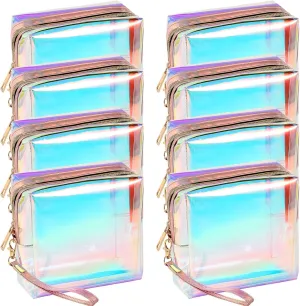 Dunzy 8 Pcs Holographic Clear Makeup Bags with Zipper Travel Cosmetic Bag Iridescent Makeup Pouches with Wrist Loop Waterproof Toiletry Organizer Case Home Office Purse Diaper Bag Vacation Gift (S)