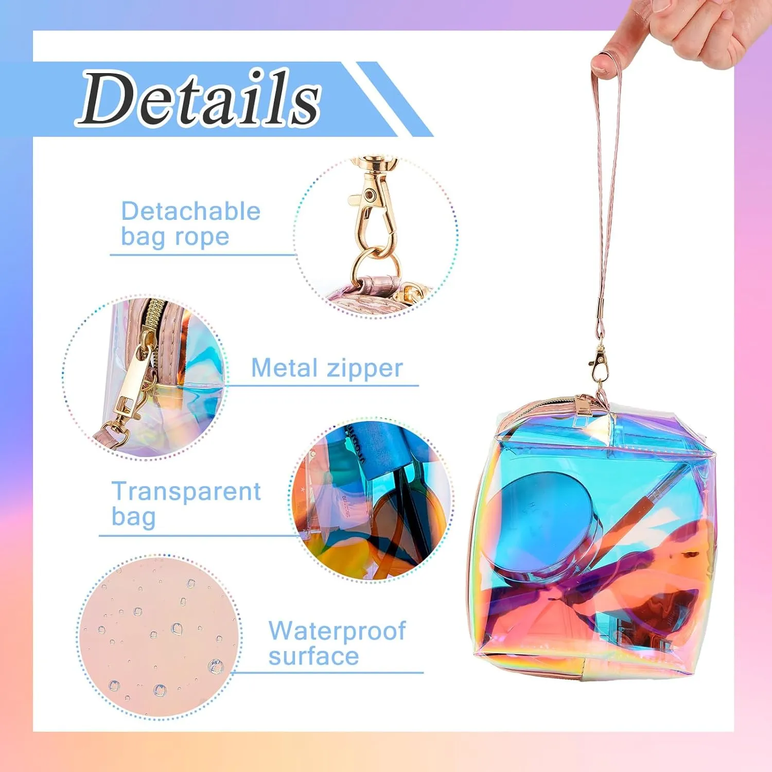 Dunzy 8 Pcs Holographic Clear Makeup Bags with Zipper Travel Cosmetic Bag Iridescent Makeup Pouches with Wrist Loop Waterproof Toiletry Organizer Case Home Office Purse Diaper Bag Vacation Gift (S)