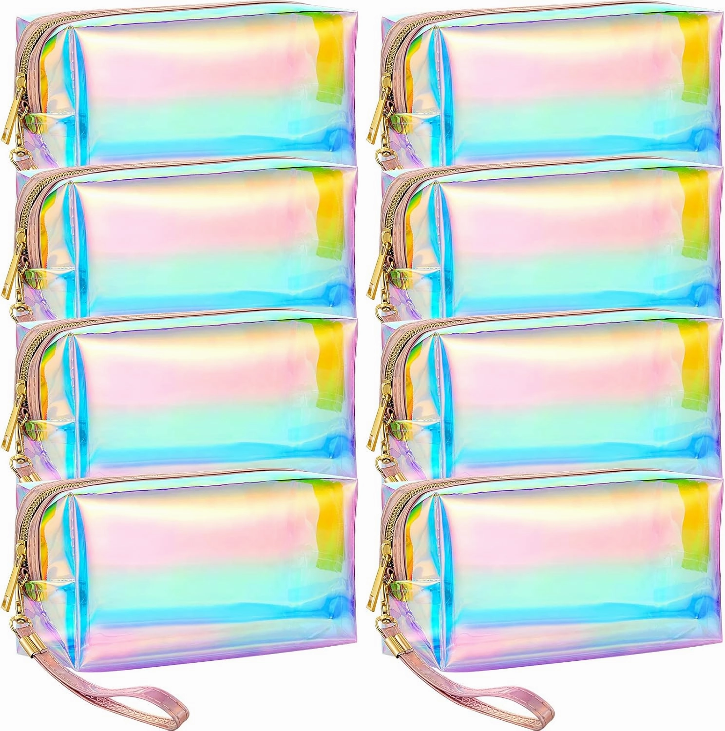 Dunzy 8 Pcs Holographic Clear Makeup Bags with Zipper Travel Cosmetic Bag Iridescent Makeup Pouches with Wrist Loop Waterproof Toiletry Organizer Case Home Office Purse Diaper Bag Vacation Gift(M)