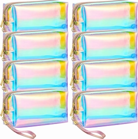 Dunzy 8 Pcs Holographic Clear Makeup Bags with Zipper Travel Cosmetic Bag Iridescent Makeup Pouches with Wrist Loop Waterproof Toiletry Organizer Case Home Office Purse Diaper Bag Vacation Gift(M)