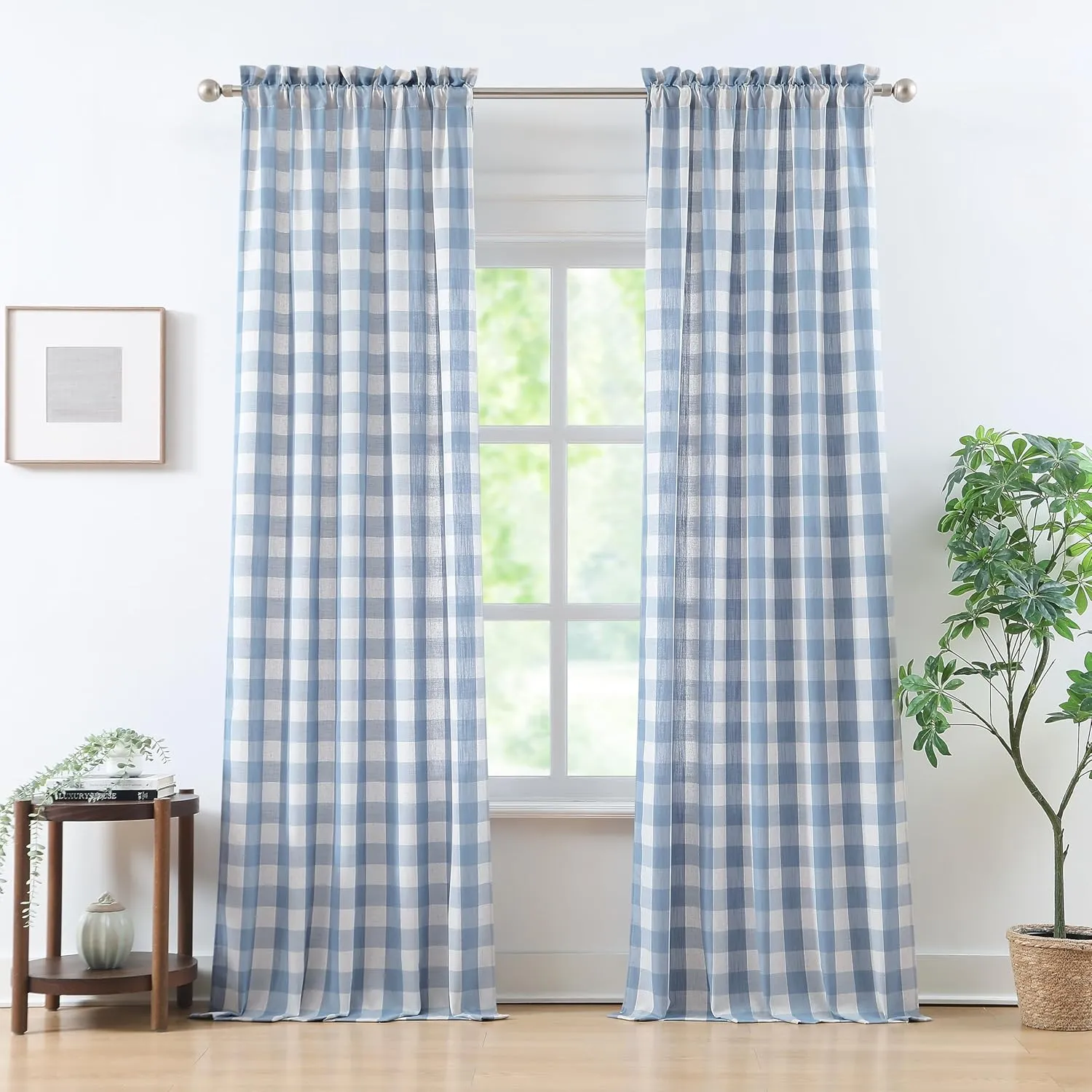 Dusty Blue Buffalo Plaid Curtains 72 Inches Long,Rustic Semi Sheer Rod Pocket Drapes,Farmhouse Gingham Window Treatment for Bedroom Living Room,40" Wx72 L,2 Panels,Beige-Dusty Blue