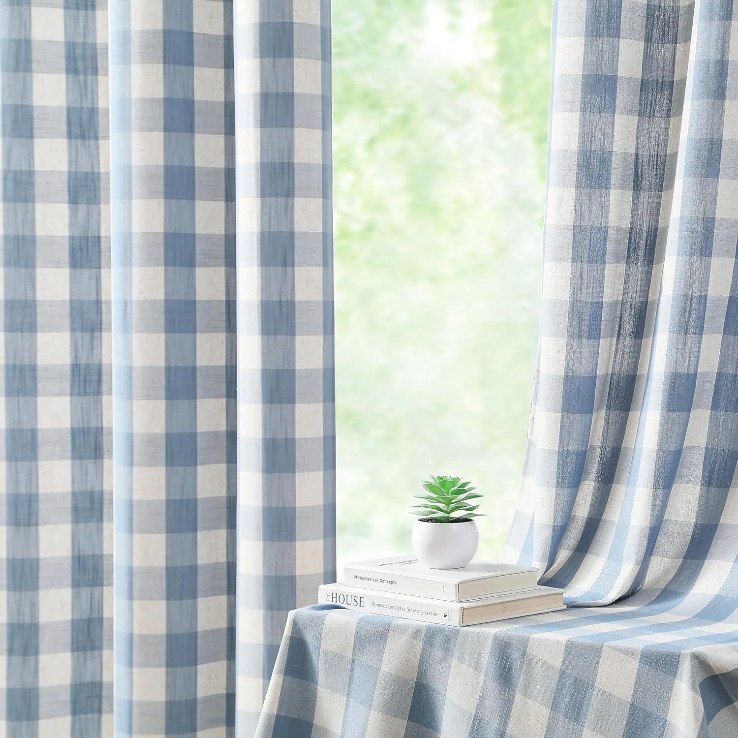 Dusty Blue Buffalo Plaid Curtains 72 Inches Long,Rustic Semi Sheer Rod Pocket Drapes,Farmhouse Gingham Window Treatment for Bedroom Living Room,40" Wx72 L,2 Panels,Beige-Dusty Blue