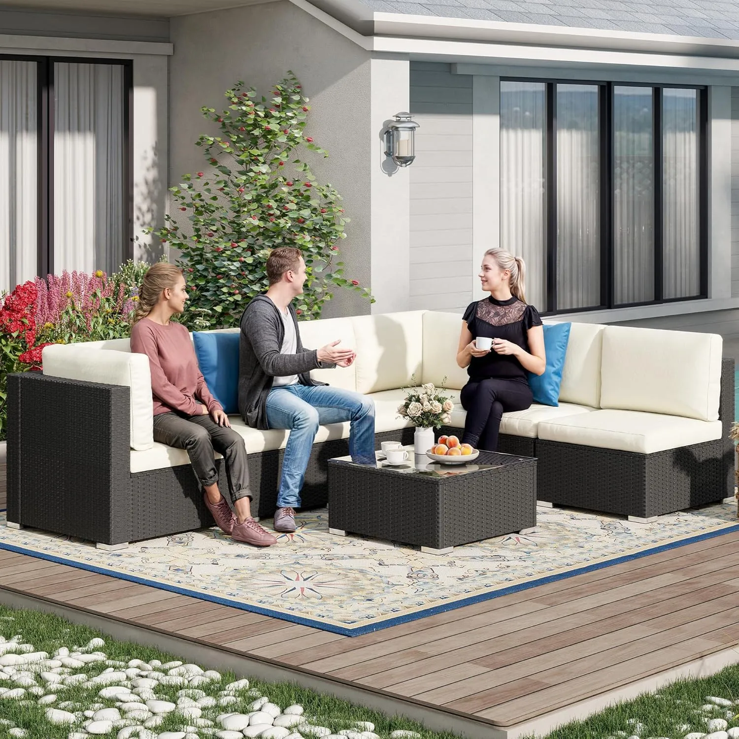 DWVO 7-Piece Patio Furniture Set, All-Weather PE Rattan Wicker Outdoor Sectional Sofa with Soft Cushions & Coffee Table, Patio Conversation Set for Backyard, Garden, Porch, Balcony (Beige Black)