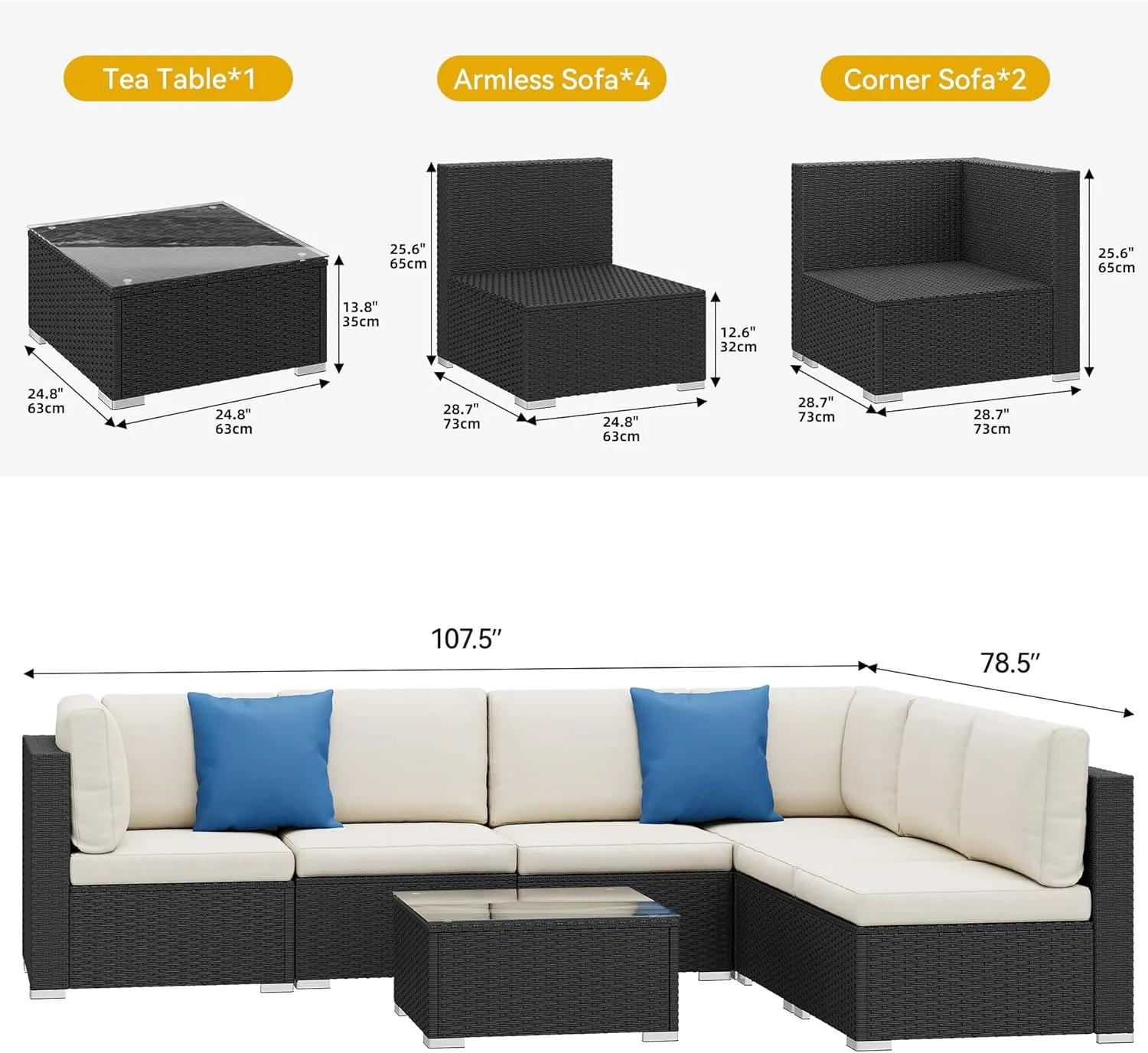 DWVO 7-Piece Patio Furniture Set, All-Weather PE Rattan Wicker Outdoor Sectional Sofa with Soft Cushions & Coffee Table, Patio Conversation Set for Backyard, Garden, Porch, Balcony (Beige Black)