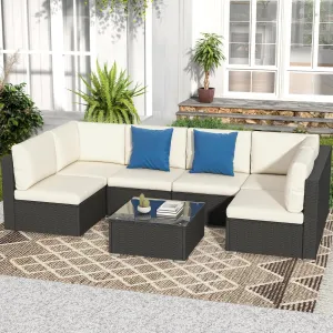 DWVO 7-Piece Patio Furniture Set, All-Weather PE Rattan Wicker Outdoor Sectional Sofa with Soft Cushions & Coffee Table, Patio Conversation Set for Backyard, Garden, Porch, Balcony (Beige Black)