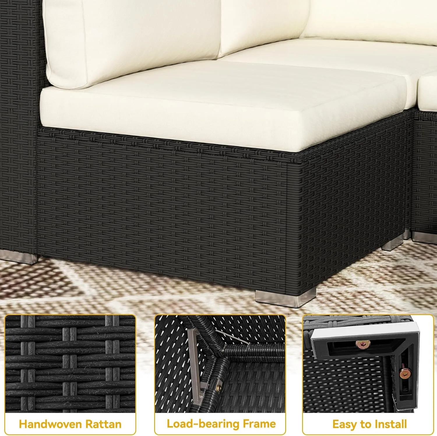 DWVO 7-Piece Patio Furniture Set, All-Weather PE Rattan Wicker Outdoor Sectional Sofa with Soft Cushions & Coffee Table, Patio Conversation Set for Backyard, Garden, Porch, Balcony (Beige Black)