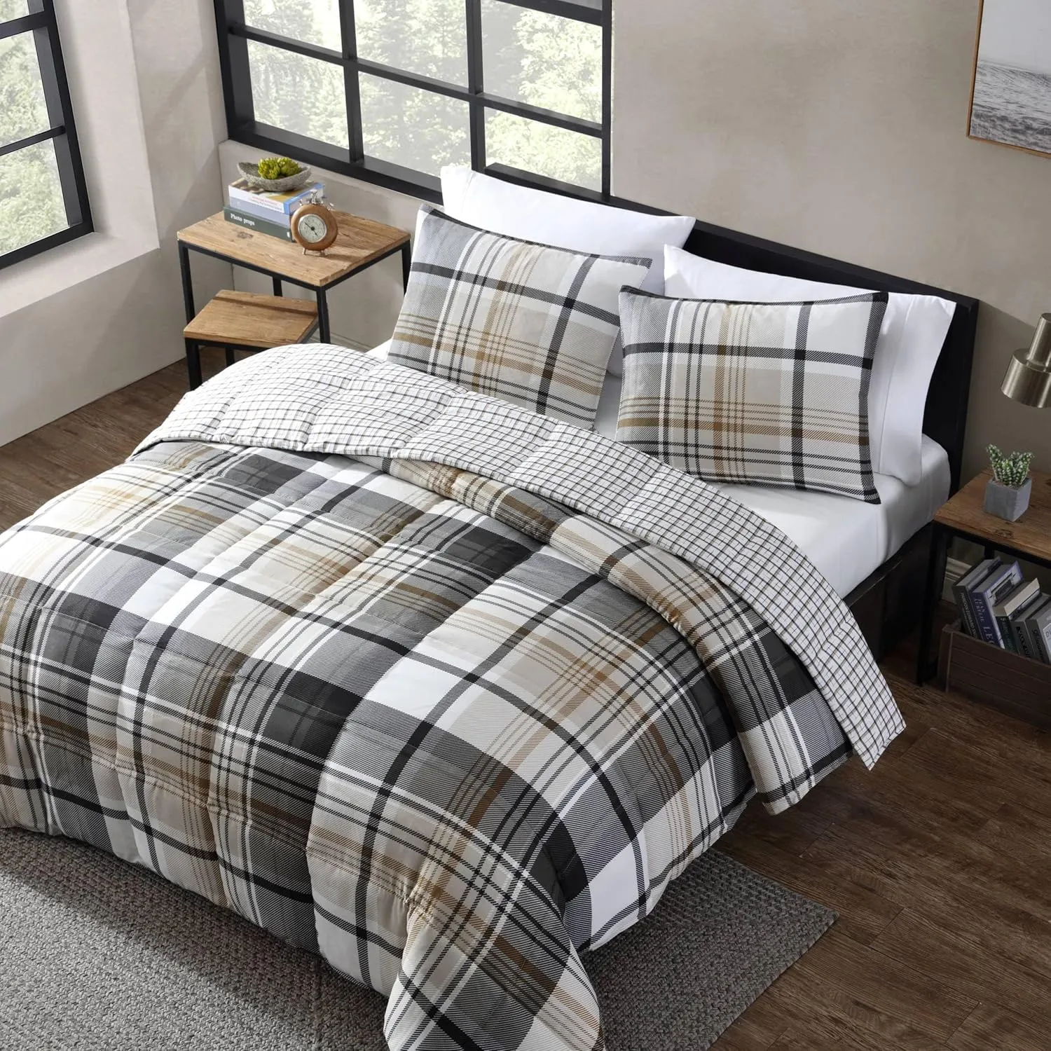 Eddie Bauer - King Comforter Set, Plaid Reversible Bedding, Stylish & Warm Home Decor (Normandy Grey, King)