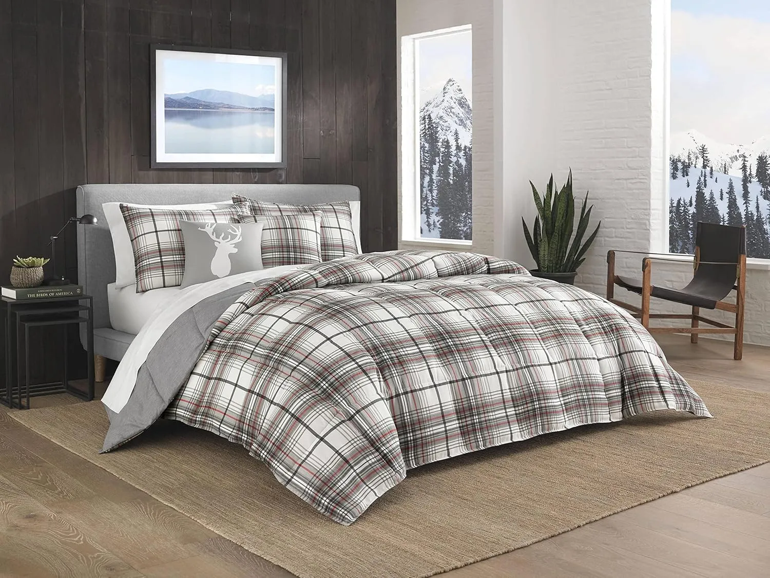 Eddie Bauer - King Comforter Set, Reversible Cotton Bedding with Matching Shams, Plaid Home Decor (Alder Red/Grey, King)