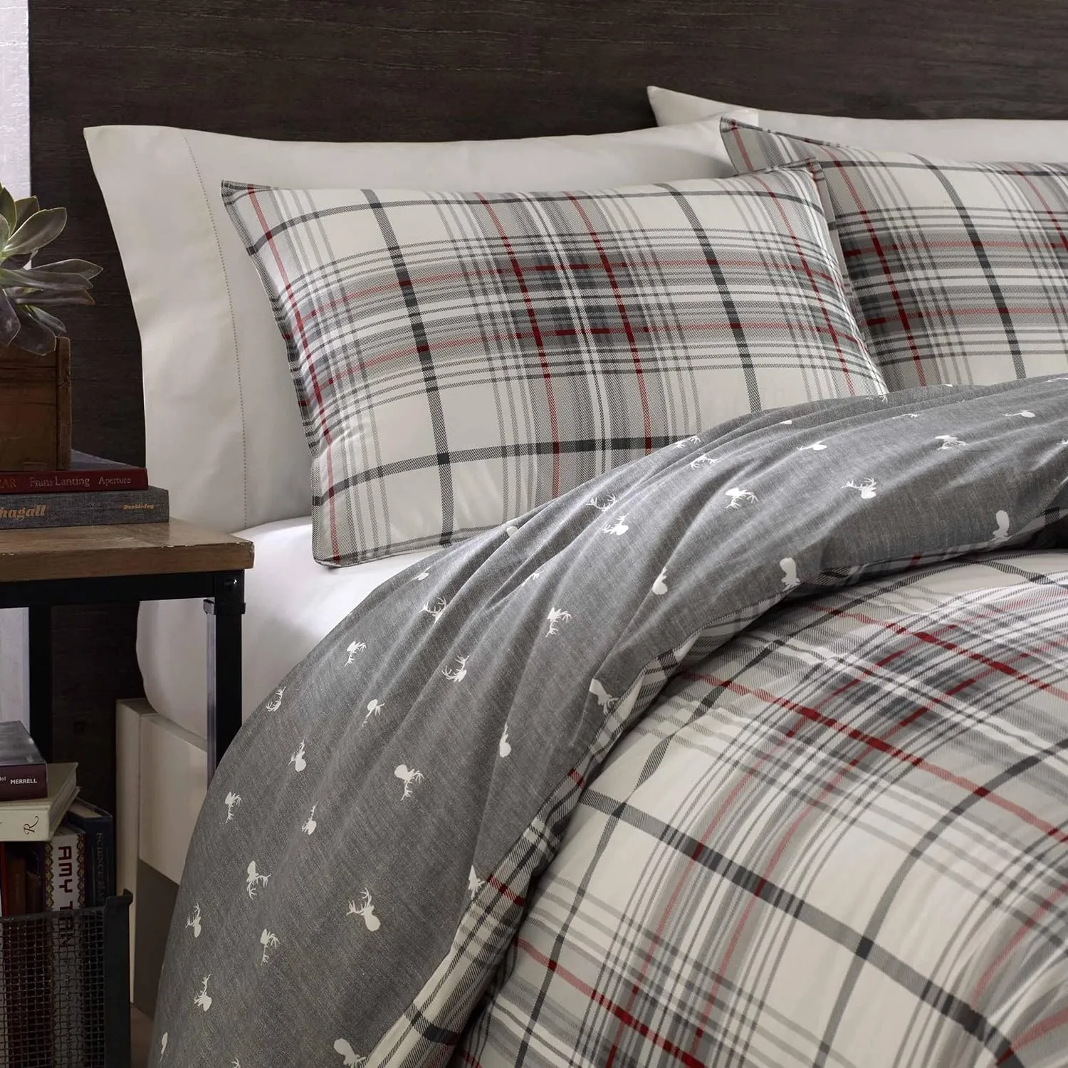 Eddie Bauer - King Comforter Set, Reversible Cotton Bedding with Matching Shams, Plaid Home Decor (Alder Red/Grey, King)