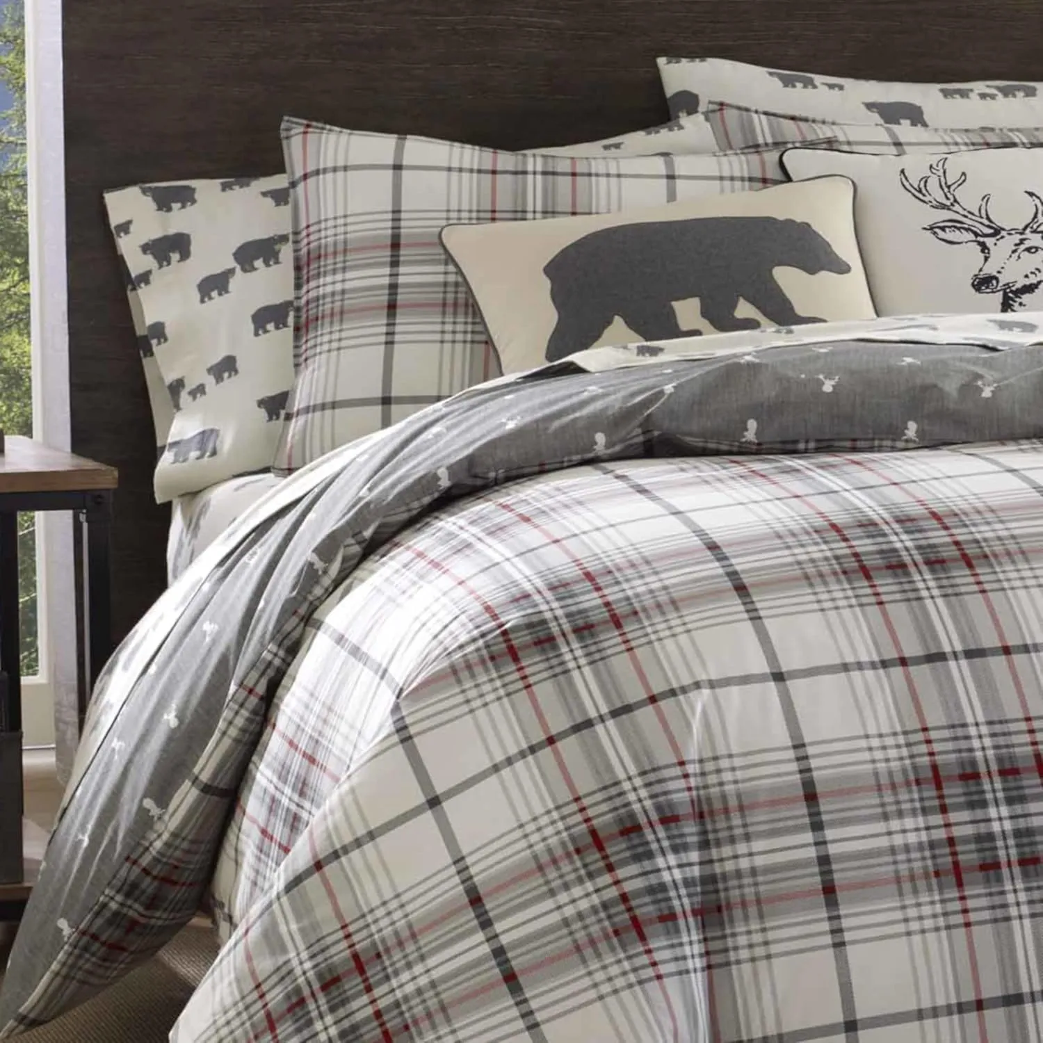 Eddie Bauer - King Comforter Set, Reversible Cotton Bedding with Matching Shams, Plaid Home Decor (Alder Red/Grey, King)