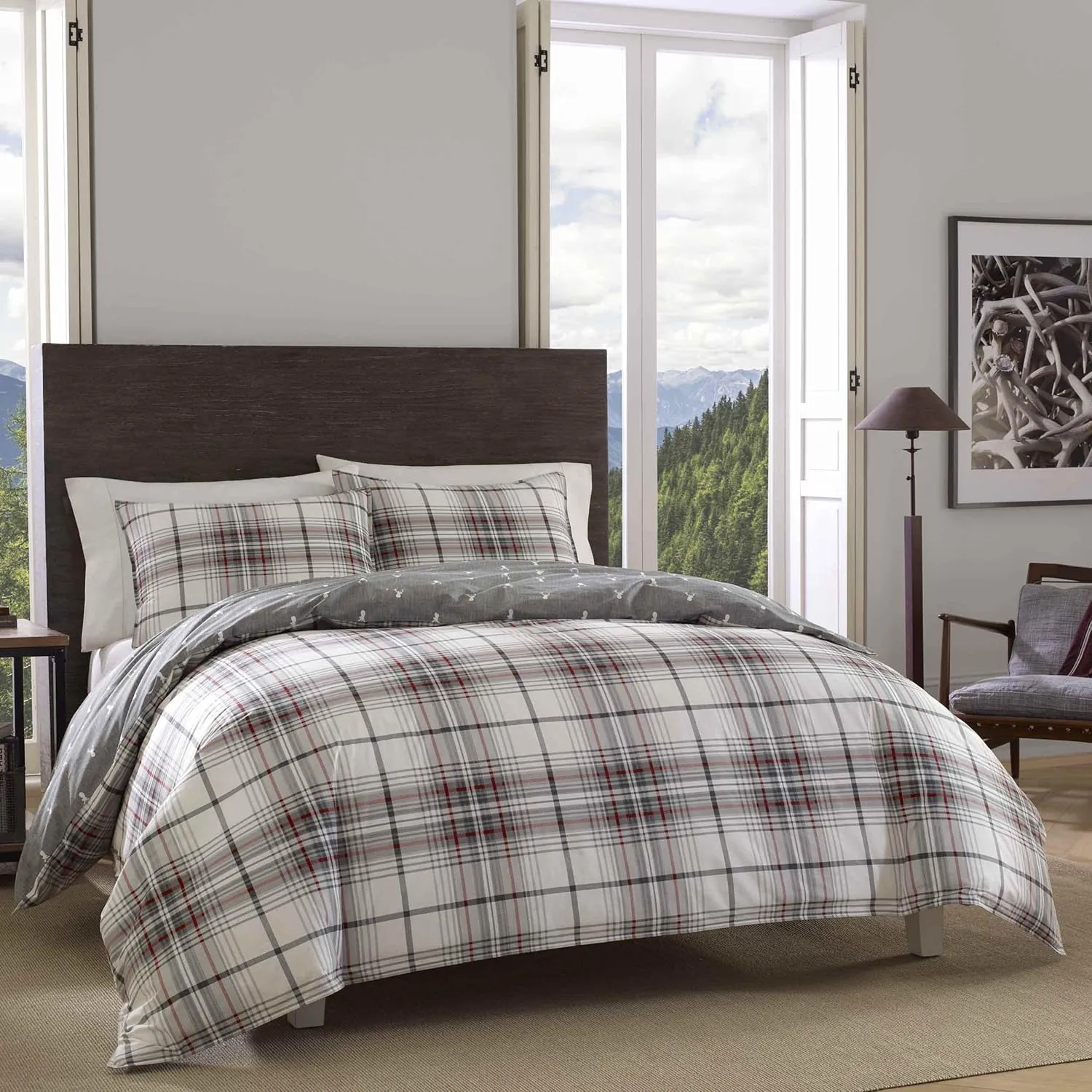 Eddie Bauer - King Comforter Set, Reversible Cotton Bedding with Matching Shams, Plaid Home Decor (Alder Red/Grey, King)