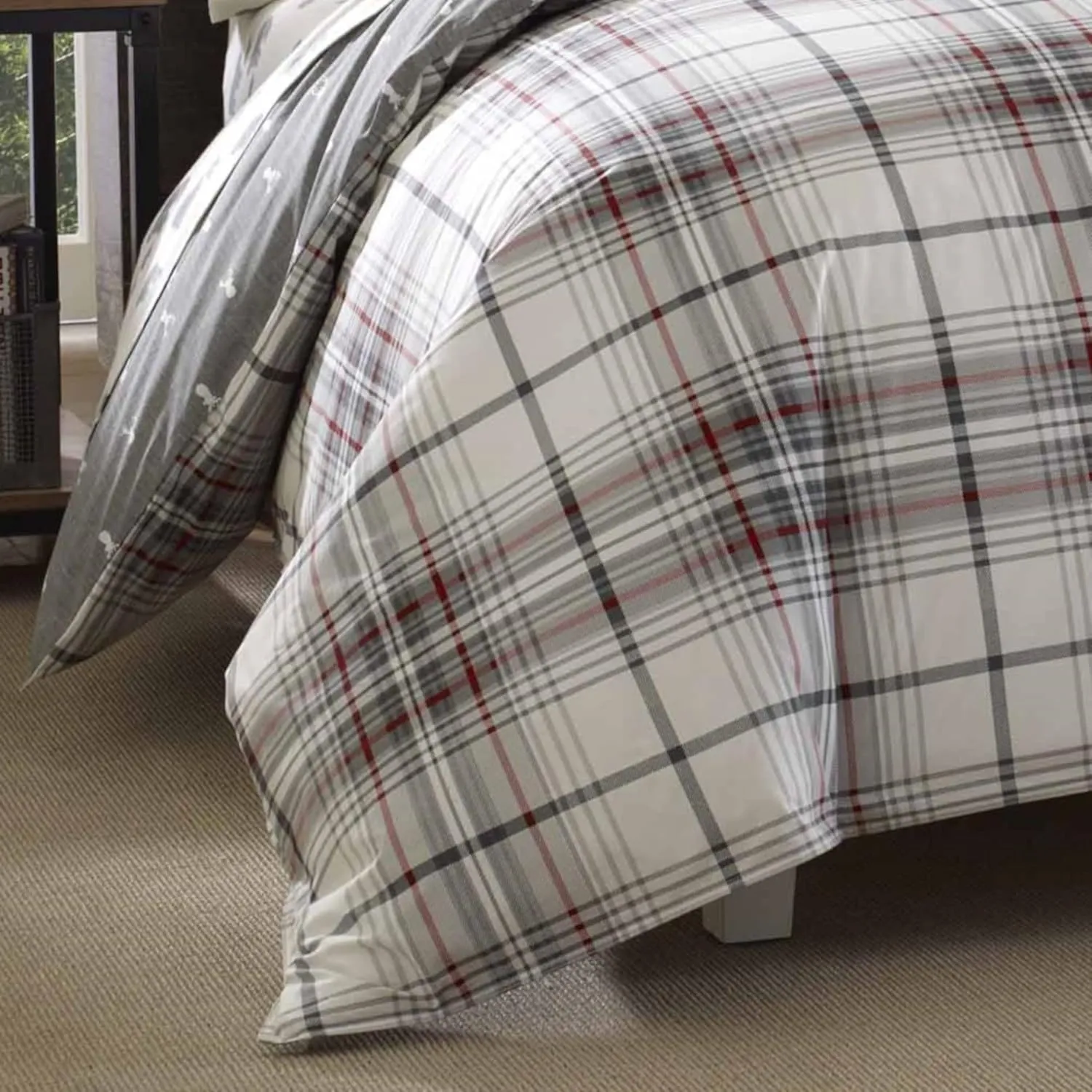 Eddie Bauer - King Comforter Set, Reversible Cotton Bedding with Matching Shams, Plaid Home Decor (Alder Red/Grey, King)