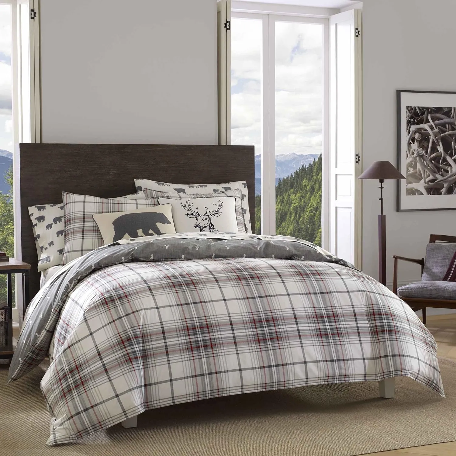Eddie Bauer - King Comforter Set, Reversible Cotton Bedding with Matching Shams, Plaid Home Decor (Alder Red/Grey, King)