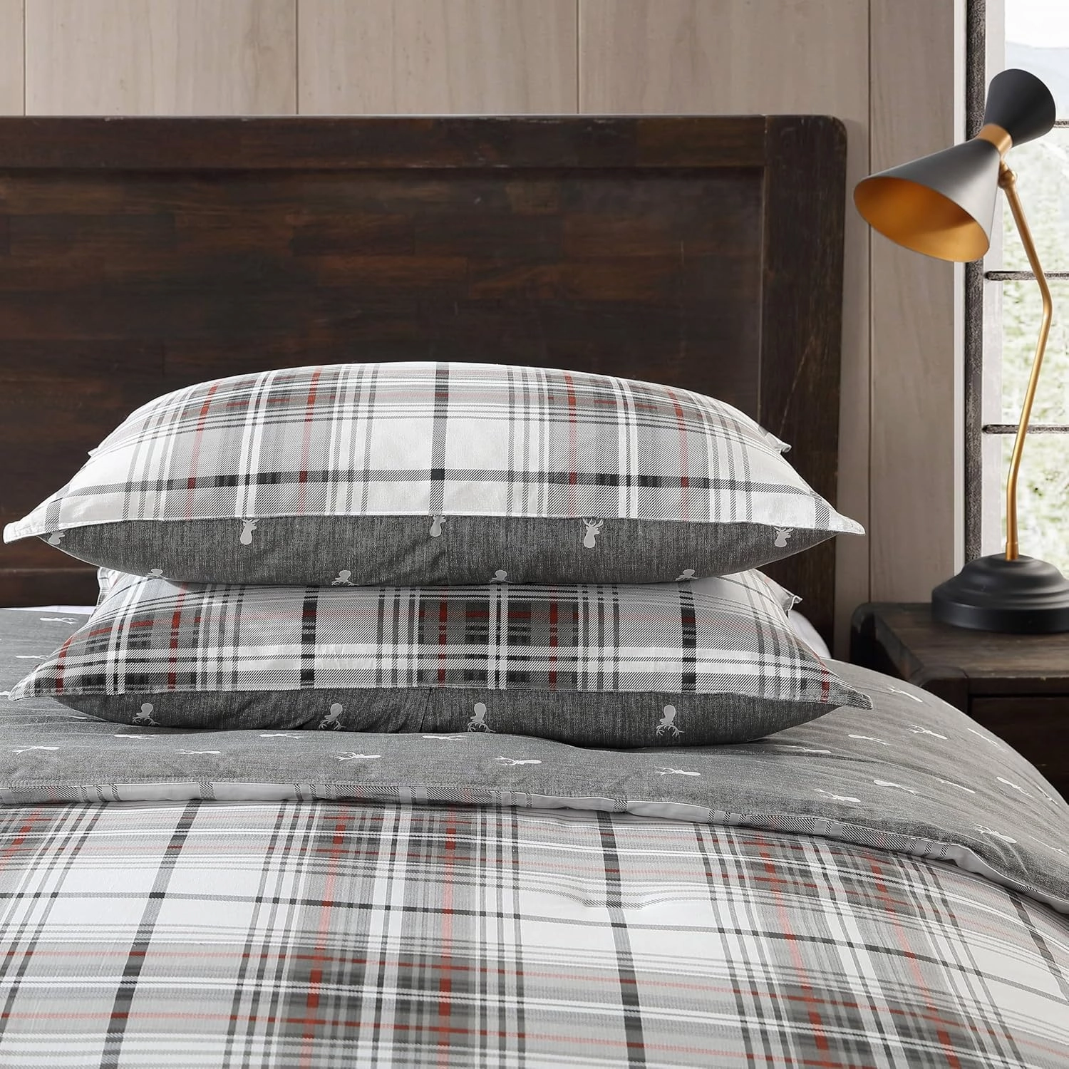 Eddie Bauer - King Comforter Set, Reversible Cotton Bedding with Matching Shams, Plaid Home Decor for All Seasons (Alder Grey/Red, King)