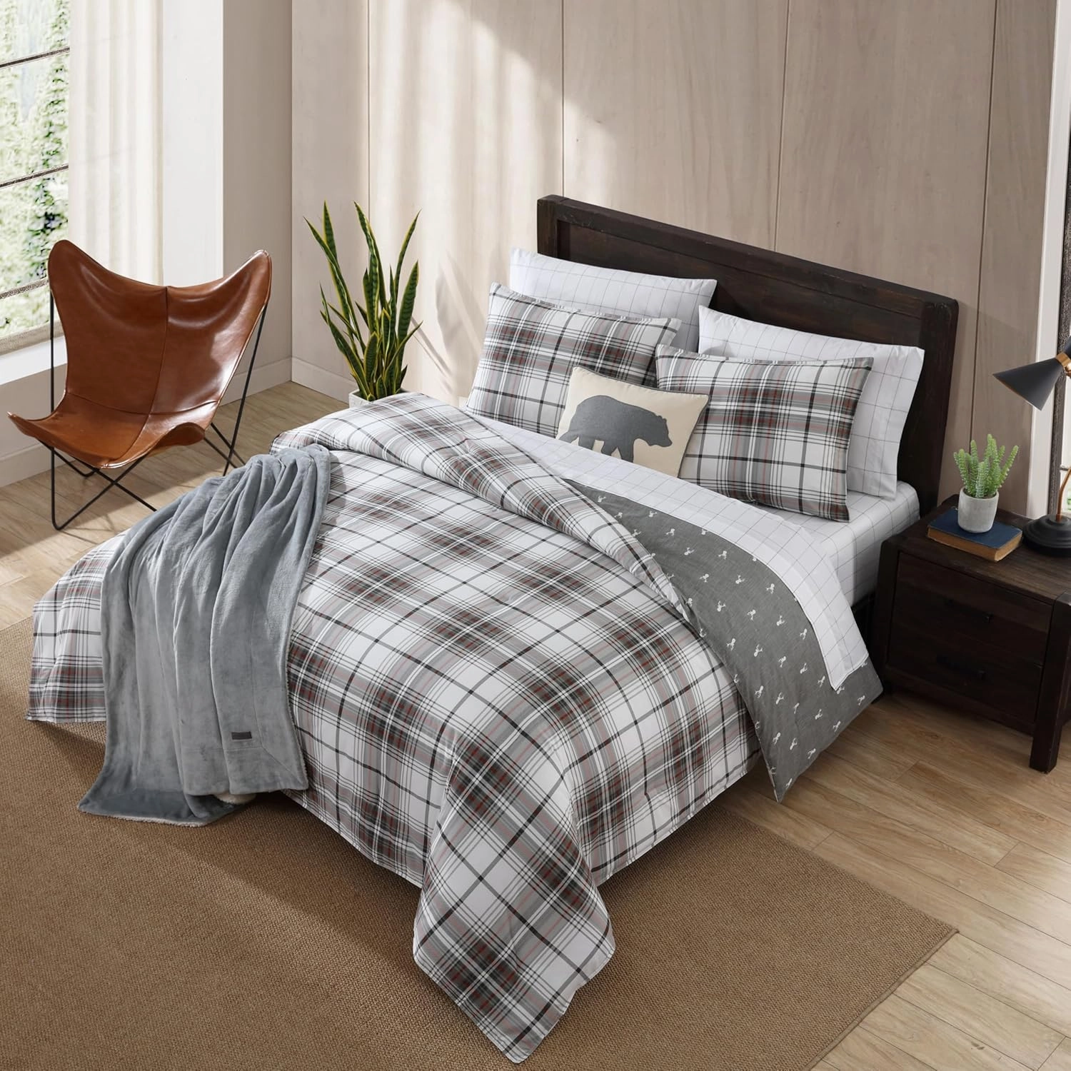 Eddie Bauer - King Comforter Set, Reversible Cotton Bedding with Matching Shams, Plaid Home Decor for All Seasons (Alder Grey/Red, King)