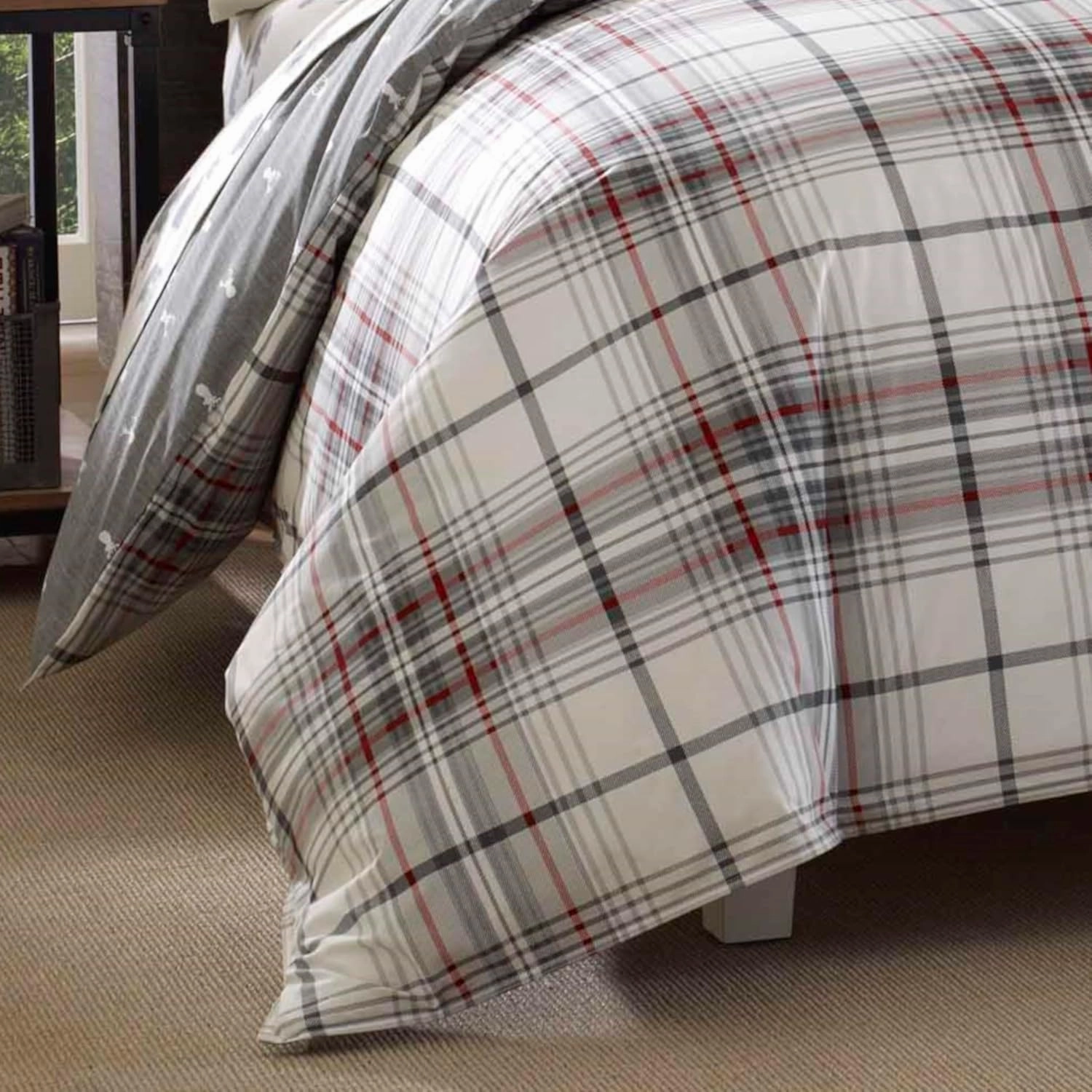 Eddie Bauer - King Comforter Set, Reversible Cotton Bedding with Matching Shams, Plaid Home Decor for All Seasons (Alder Grey/Red, King)