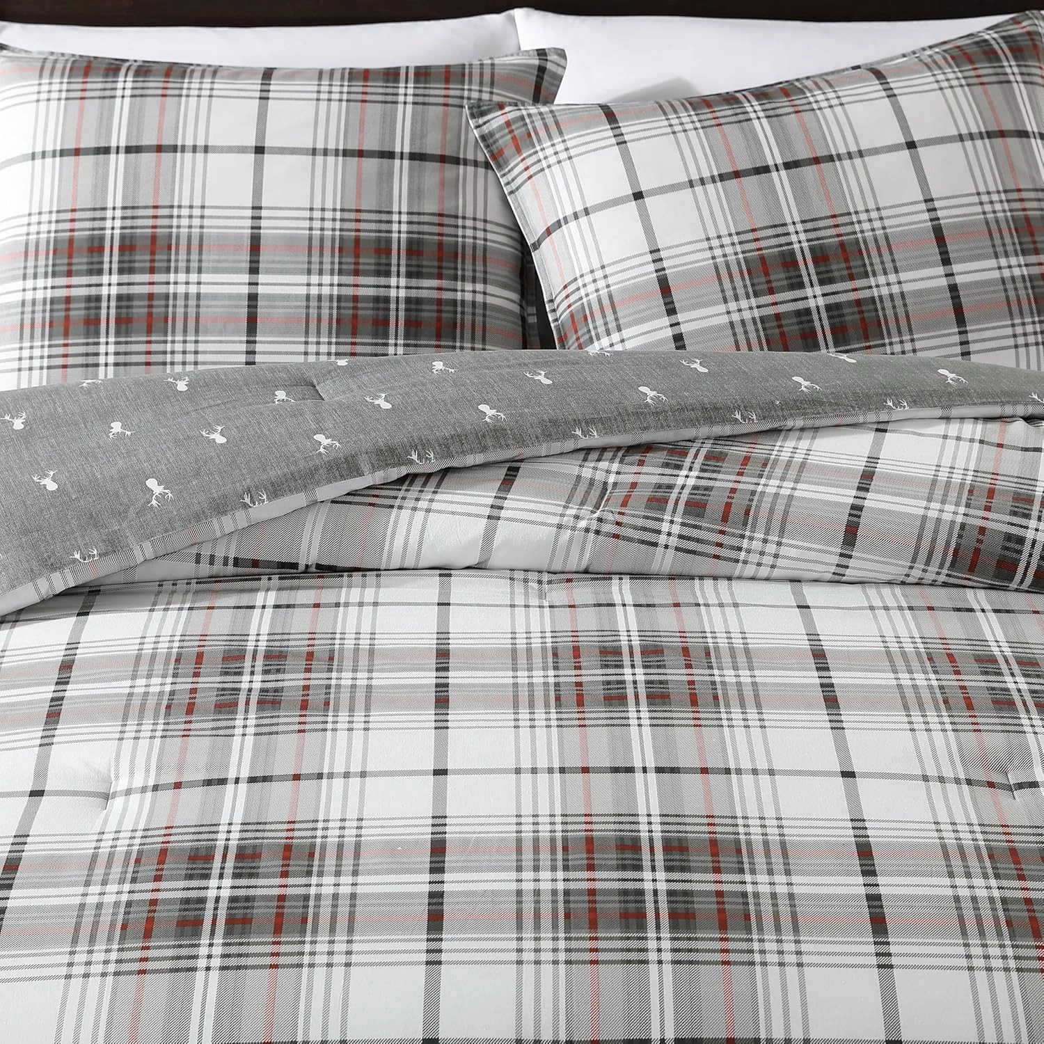 Eddie Bauer - King Comforter Set, Reversible Cotton Bedding with Matching Shams, Plaid Home Decor for All Seasons (Alder Grey/Red, King)
