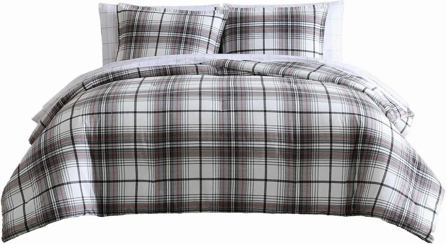Eddie Bauer - King Comforter Set, Reversible Cotton Bedding with Matching Shams, Plaid Home Decor for All Seasons (Alder Grey/Red, King)