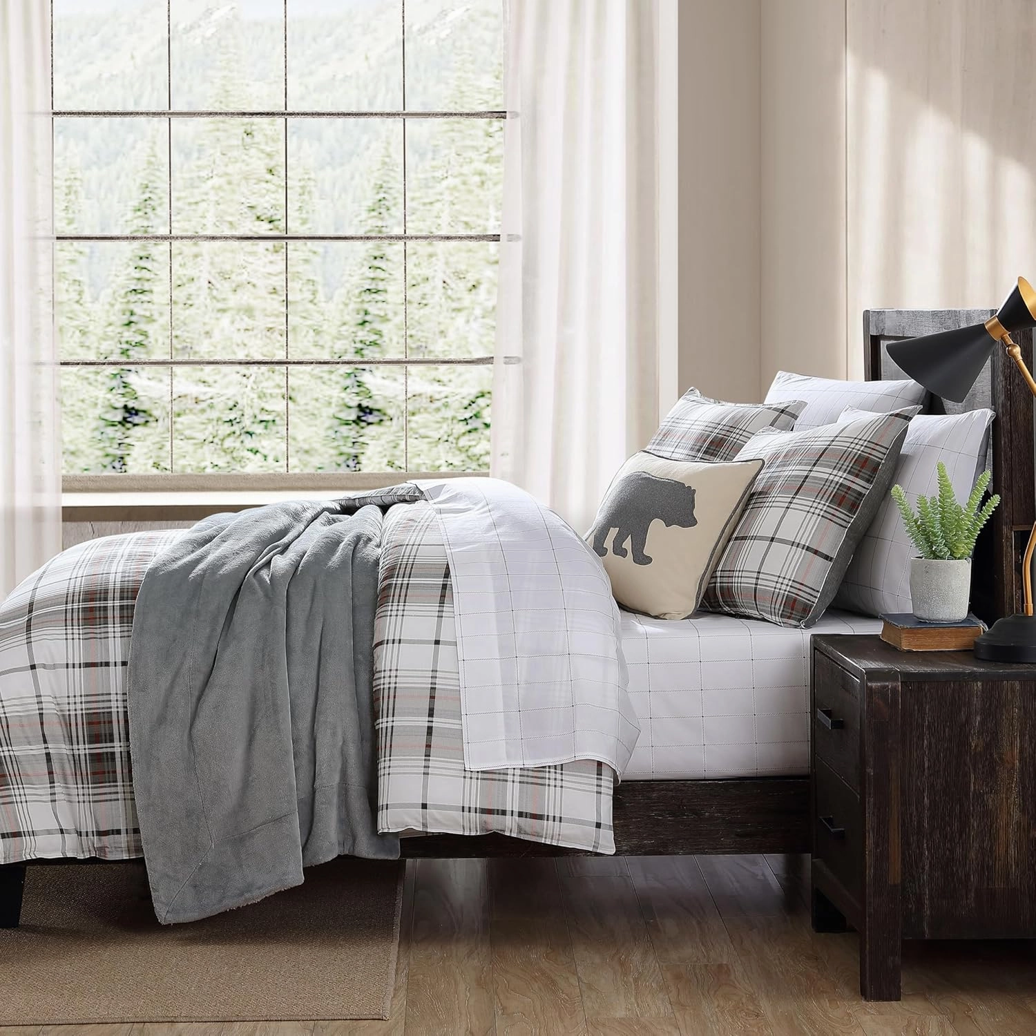 Eddie Bauer - King Comforter Set, Reversible Cotton Bedding with Matching Shams, Plaid Home Decor for All Seasons (Alder Grey/Red, King)