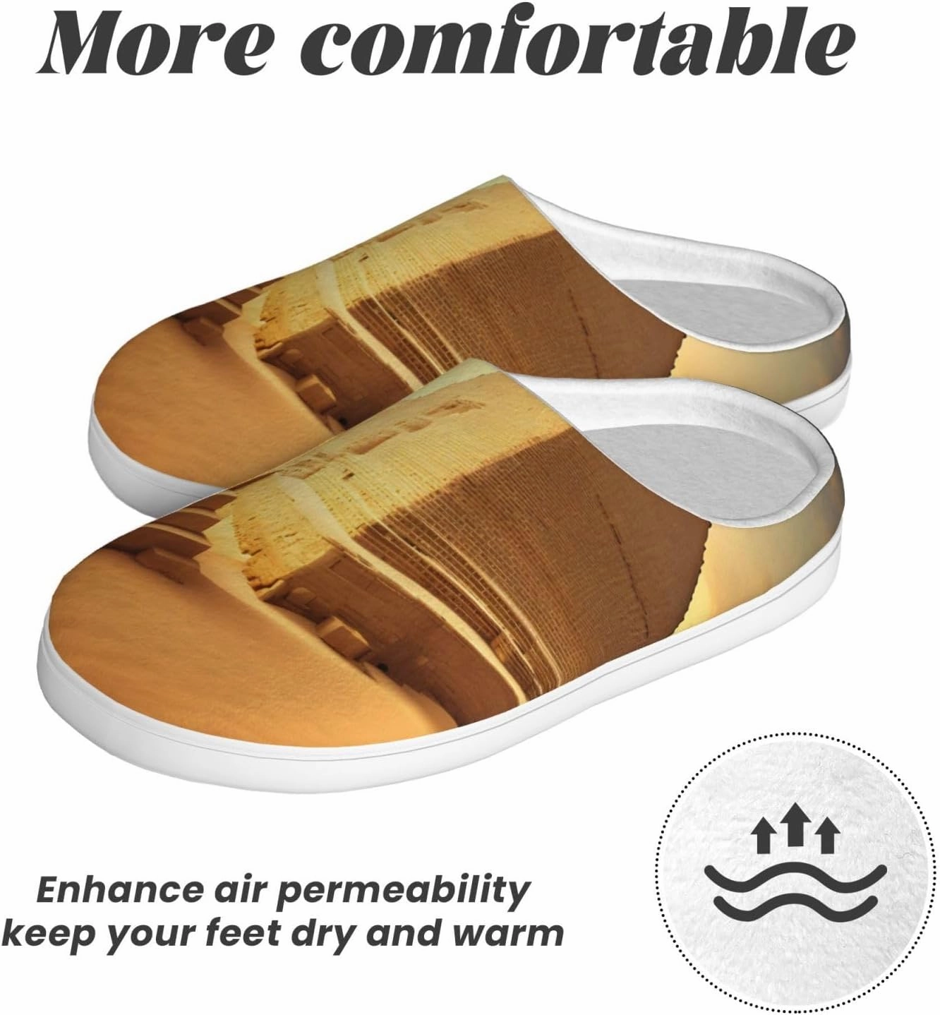 Egyptian Pyramid in Desert print Winter Home Warm Slippers, Plush Soft Bottom Slippers, Womens Indoor Scuff Slippers