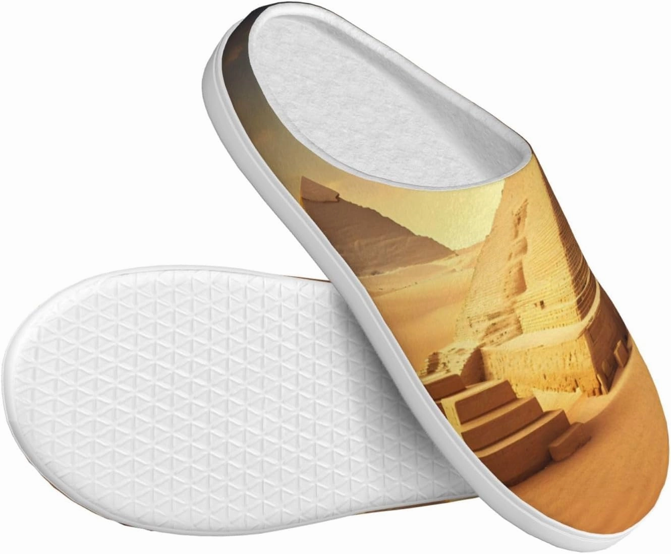 Egyptian Pyramid in Desert print Winter Home Warm Slippers, Plush Soft Bottom Slippers, Womens Indoor Scuff Slippers
