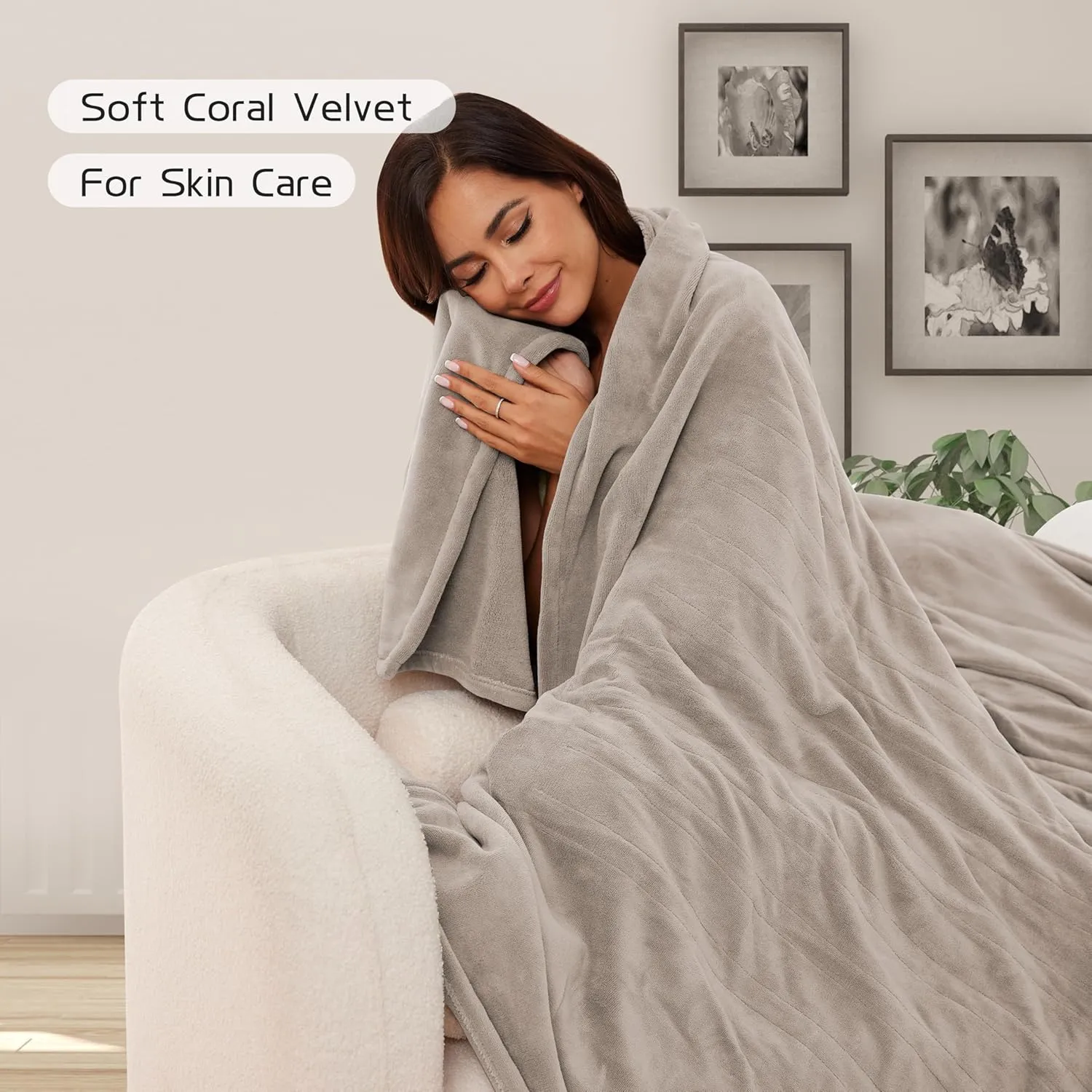 Electric Heated Blanket 72"x84" Full Size, Soft Coral Fleece with 4 Heating Levels and 10 Hours Auto-Off, Machine Washable, Cozy Plush Fabric for Home, Light Brown