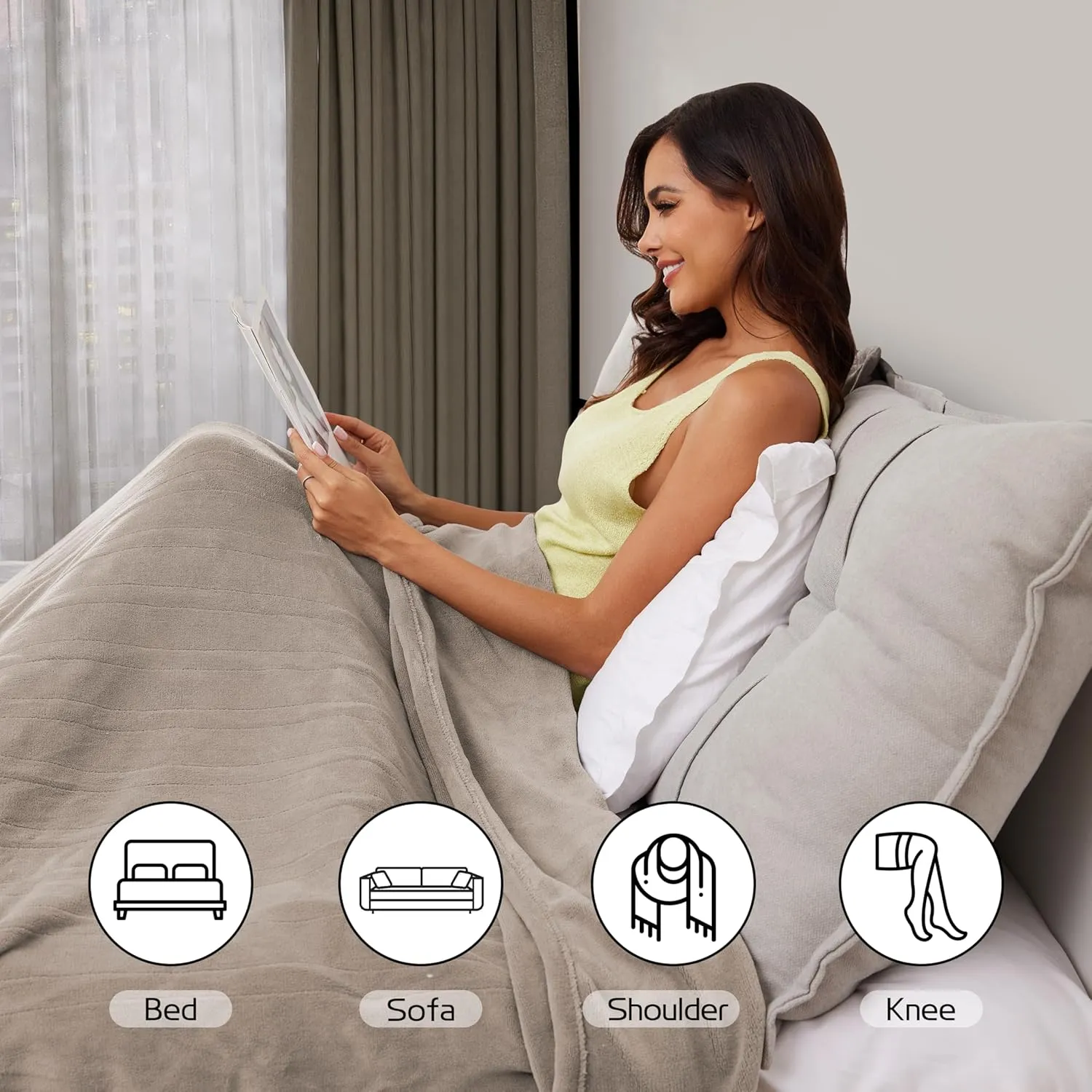 Electric Heated Blanket 72"x84" Full Size, Soft Coral Fleece with 4 Heating Levels and 10 Hours Auto-Off, Machine Washable, Cozy Plush Fabric for Home, Light Brown