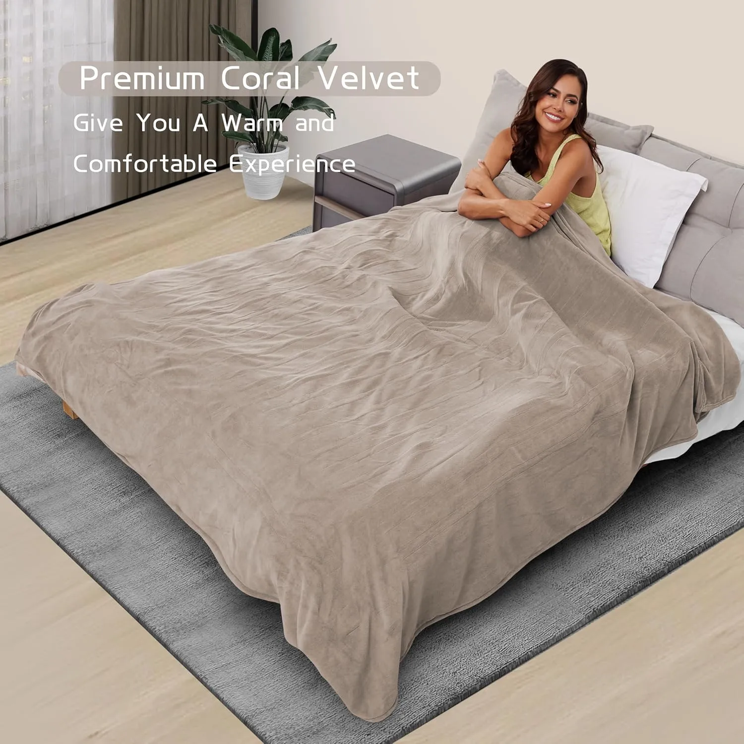 Electric Heated Blanket 72"x84" Full Size, Soft Coral Fleece with 4 Heating Levels and 10 Hours Auto-Off, Machine Washable, Cozy Plush Fabric for Home, Light Brown