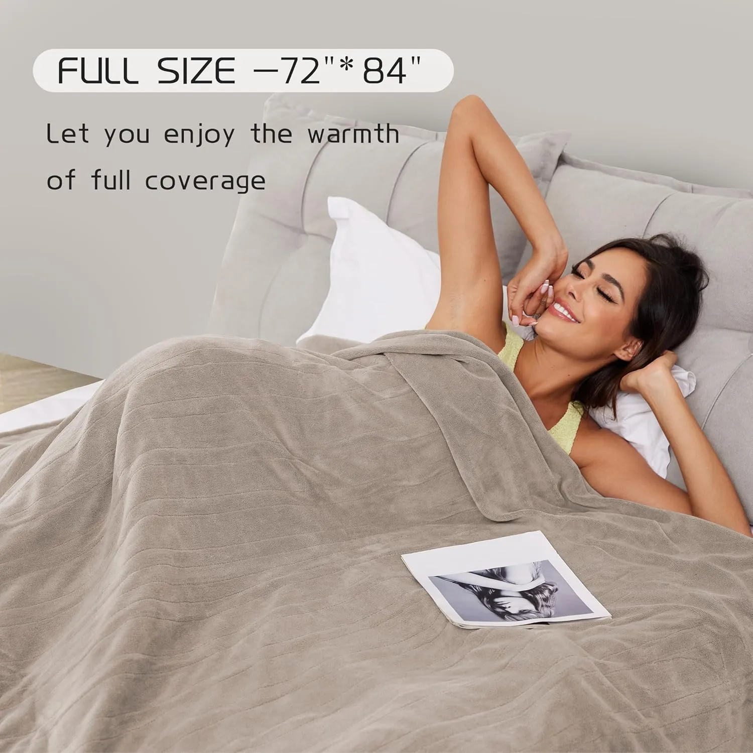 Electric Heated Blanket 72"x84" Full Size, Soft Coral Fleece with 4 Heating Levels and 10 Hours Auto-Off, Machine Washable, Cozy Plush Fabric for Home, Light Brown