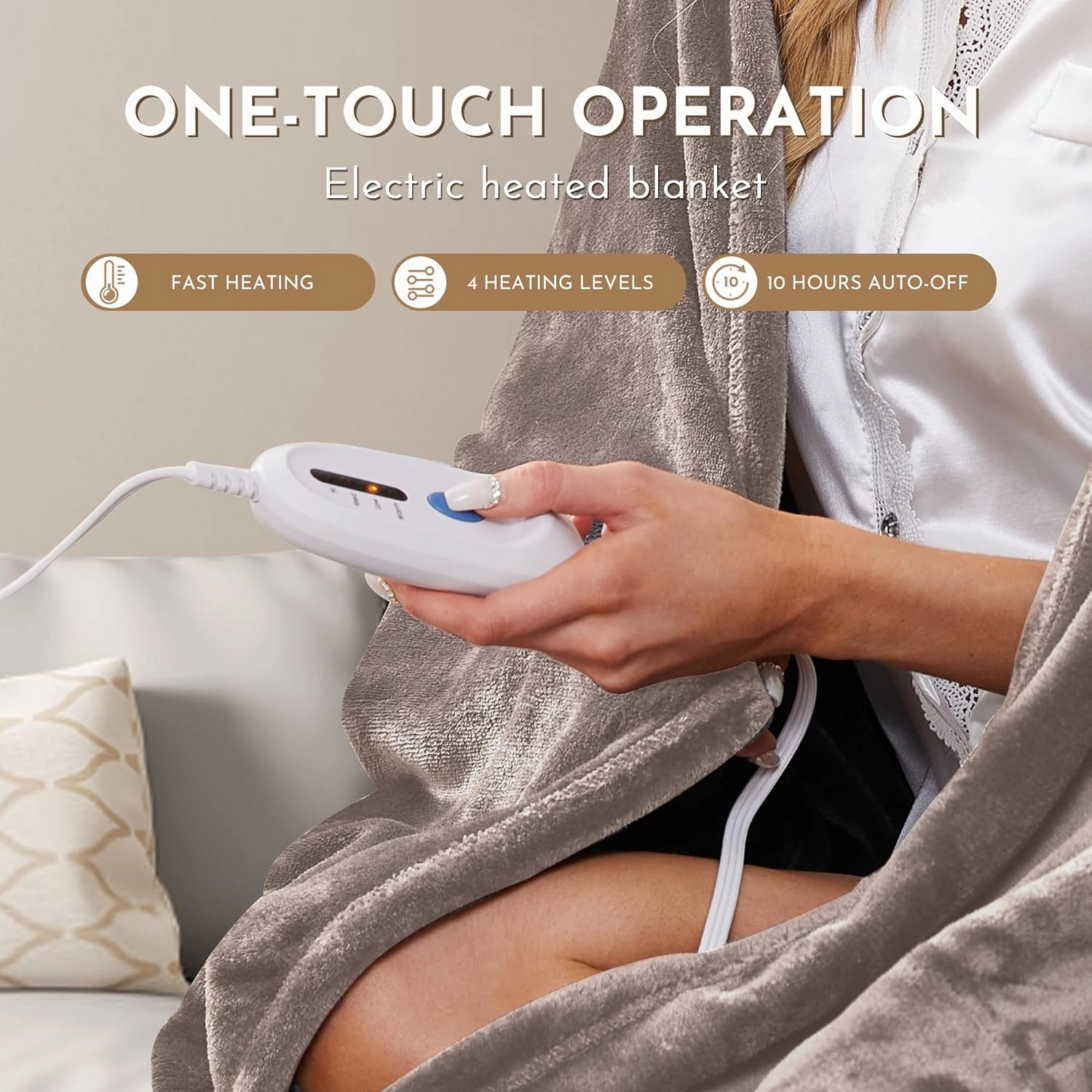 Electric Blanket, Flannel, Weighted, Full Size, 72" x 84", Beige