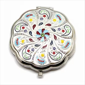 Elegant Compact Mirror, Enameled Flower Design, Foldable Travel Double Sides Pocket Mirror-Gift for Her, Best Friend Mom, Grandma, Sister, Girlfriend,Bride, Bridesmaid., CPM-F001