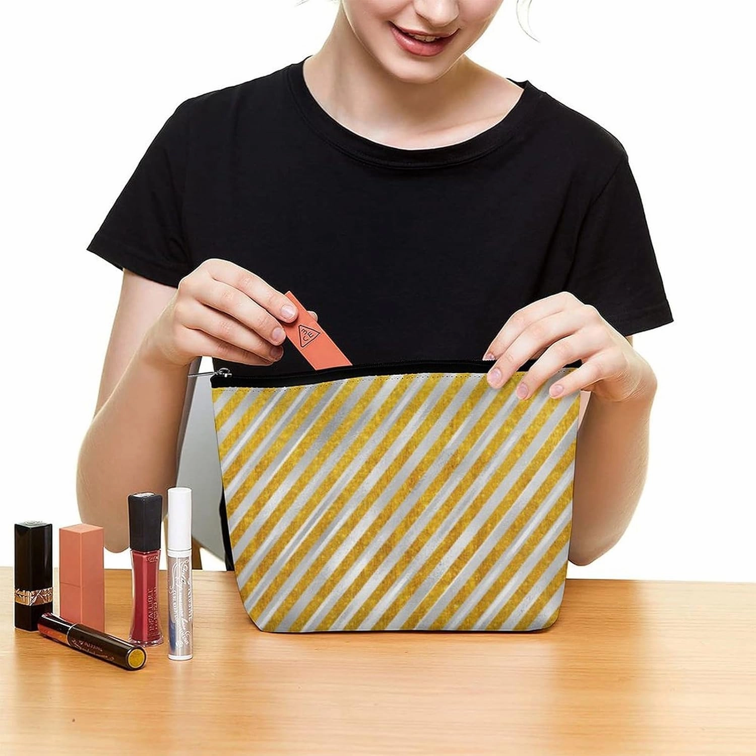 Elegant Makeup Bag, Elegant Silver Gold Stripes Cosmetic Bag Large Capacity Pouch Portable Organizer for Men & Women