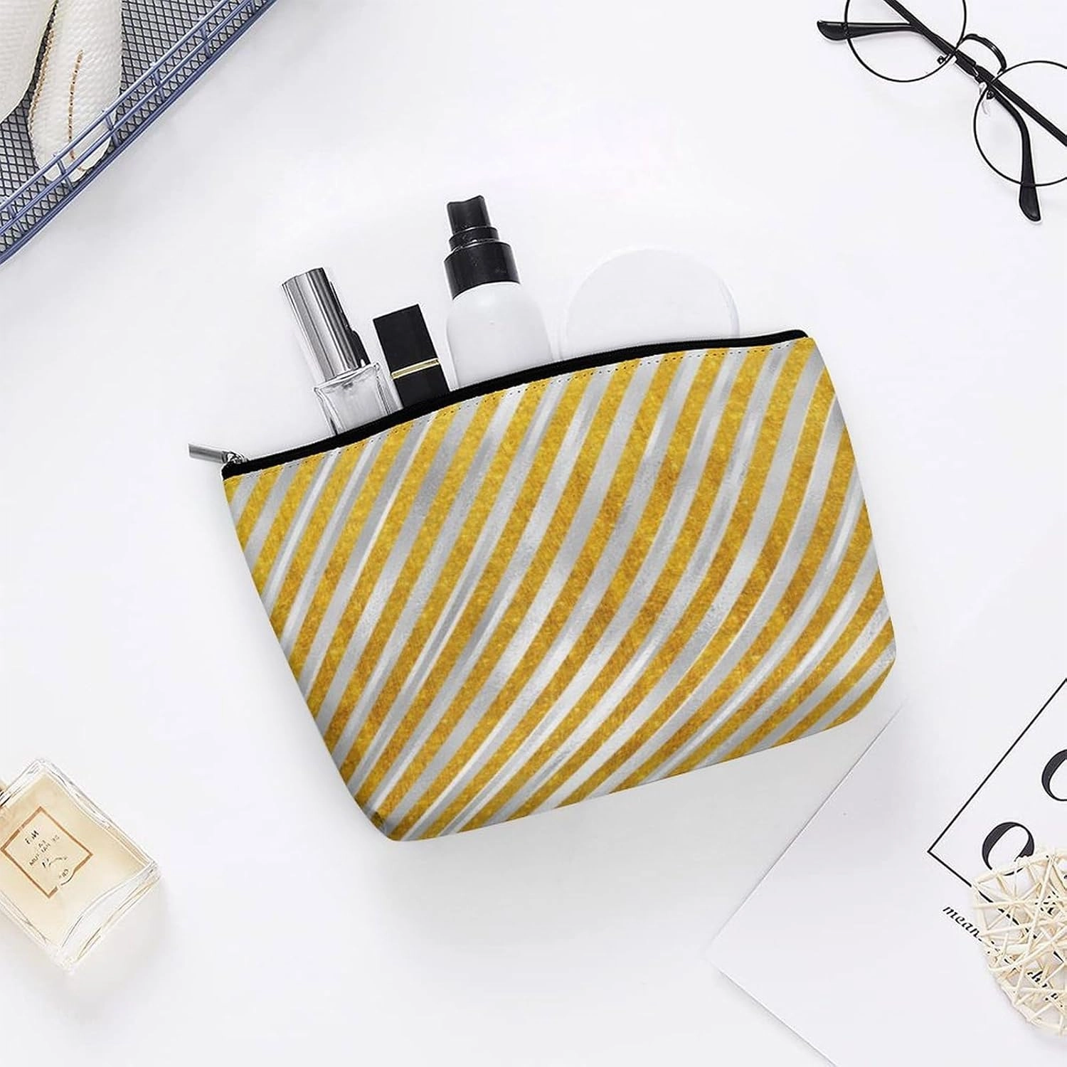 Elegant Makeup Bag, Elegant Silver Gold Stripes Cosmetic Bag Large Capacity Pouch Portable Organizer for Men & Women