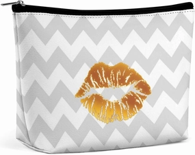 Elegant Makeup Bag, Gray White Chevron, Gold Lipstick Kiss Cosmetic Bag Large Capacity Pouch Portable Organizer for Men & Women