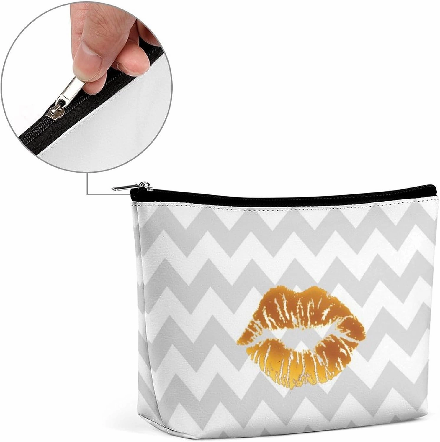 Elegant Makeup Bag, Gray White Chevron, Gold Lipstick Kiss Cosmetic Bag Large Capacity Pouch Portable Organizer for Men & Women