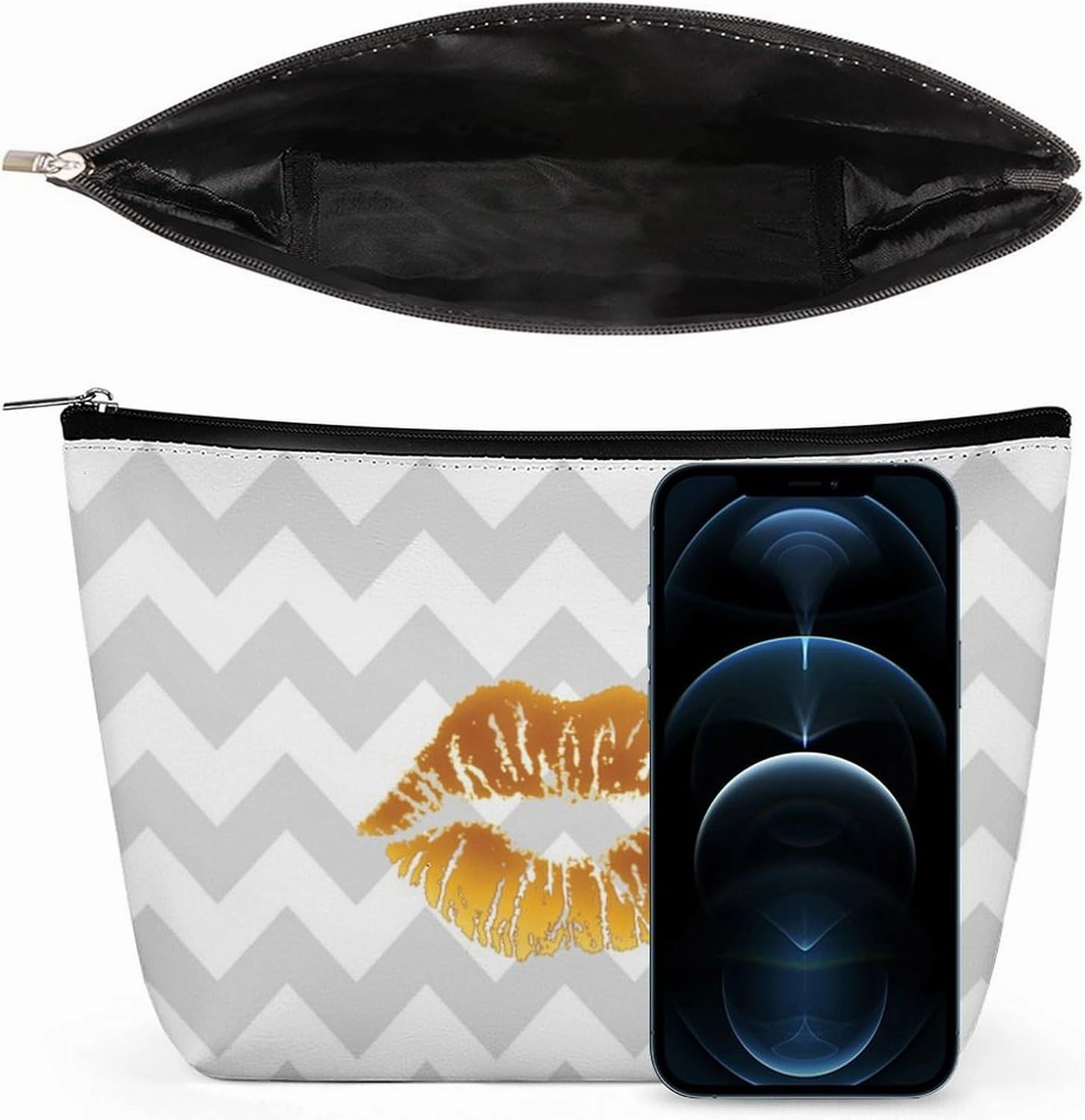Elegant Makeup Bag, Gray White Chevron, Gold Lipstick Kiss Cosmetic Bag Large Capacity Pouch Portable Organizer for Men & Women