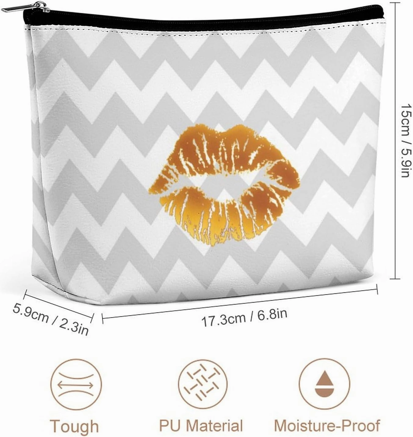 Elegant Makeup Bag, Gray White Chevron, Gold Lipstick Kiss Cosmetic Bag Large Capacity Pouch Portable Organizer for Men & Women