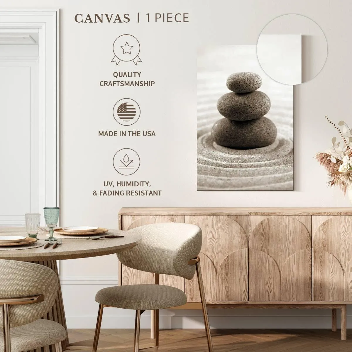 ElephantStock - Stone Stack On Zen Garden Wall Art - Vertical Canvas - Bathroom Wall Decor - Photography Wellness Canvas Art - Beige And Gray Decor - 24" x 36"