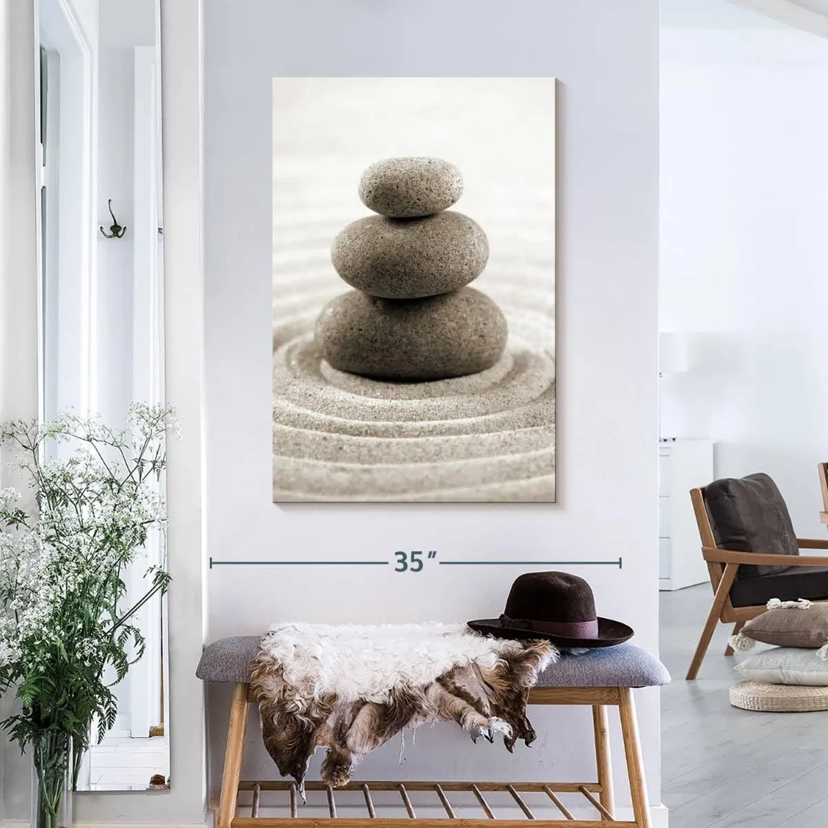 ElephantStock - Stone Stack On Zen Garden Wall Art - Vertical Canvas - Bathroom Wall Decor - Photography Wellness Canvas Art - Beige And Gray Decor - 24" x 36"