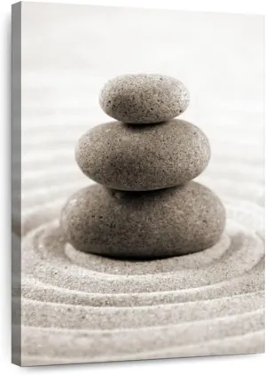 ElephantStock - Stone Stack On Zen Garden Wall Art - Vertical Canvas - Bathroom Wall Decor - Photography Wellness Canvas Art - Beige And Gray Decor - 24" x 36"