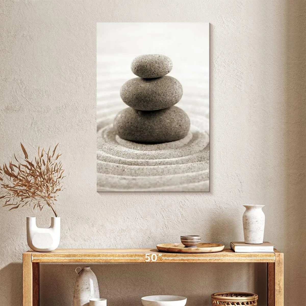 ElephantStock - Stone Stack On Zen Garden Wall Art - Vertical Canvas - Bathroom Wall Decor - Photography Wellness Canvas Art - Beige And Gray Decor - 24" x 36"